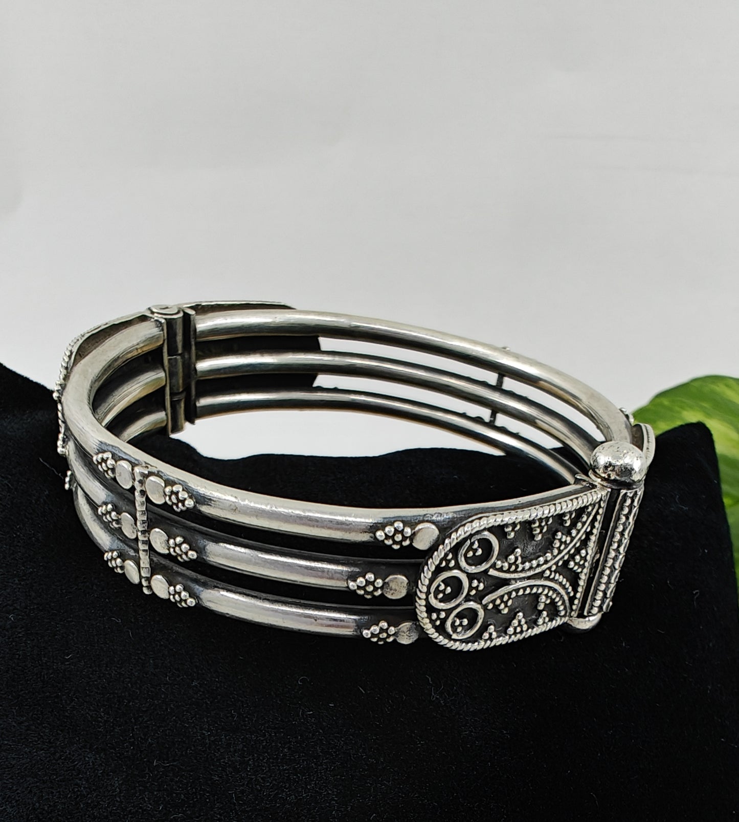 Solid sterling silver kara with carvings
