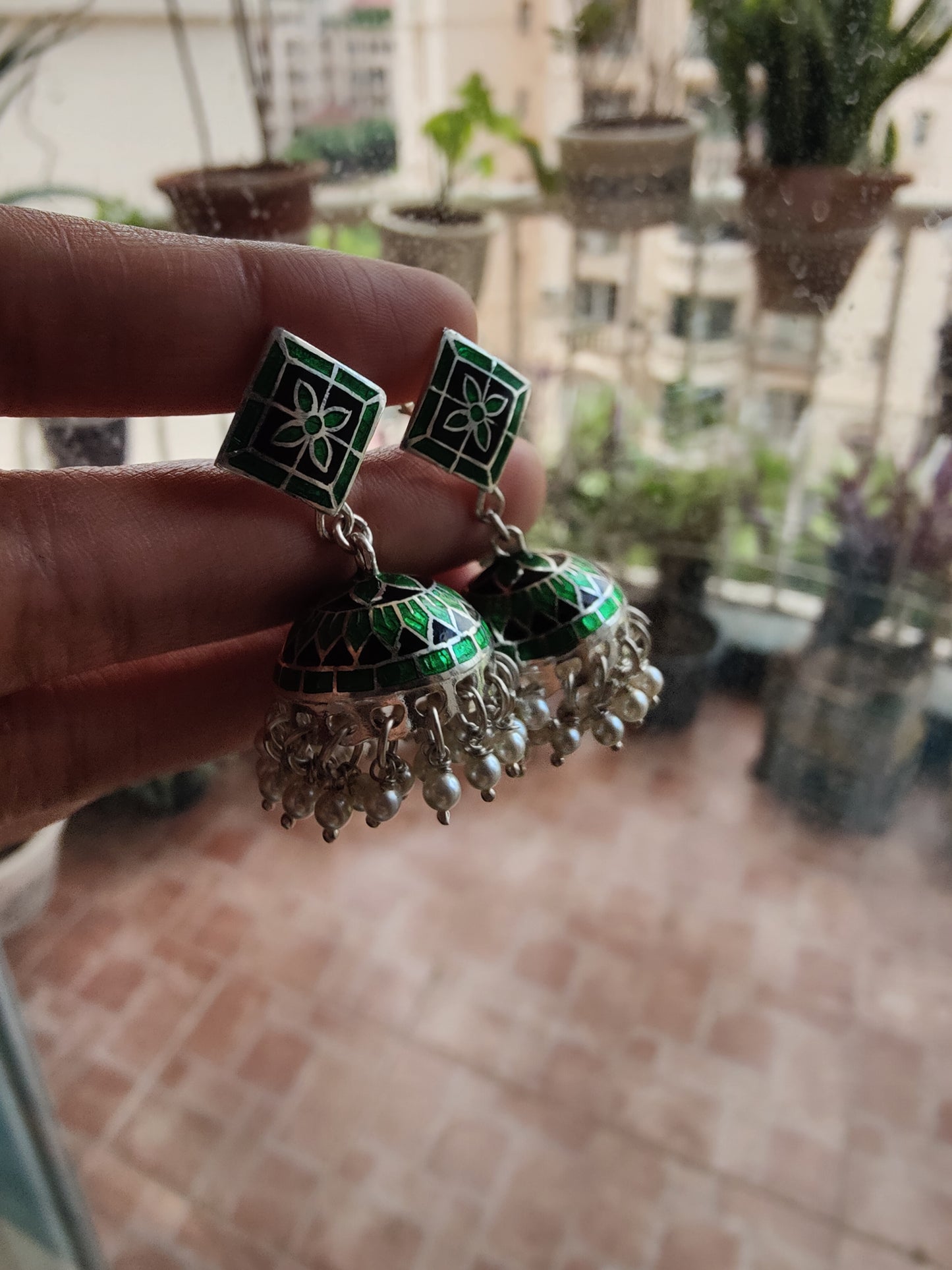 Visala silver jhumkis(earrings) with meenakari