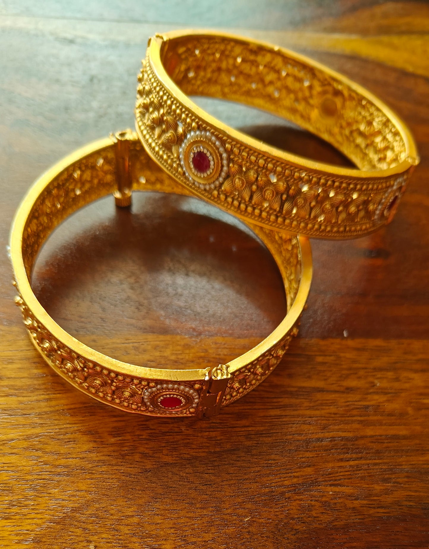 Gold karas(bangle)with red stones CZ and pearls all around(2pc)