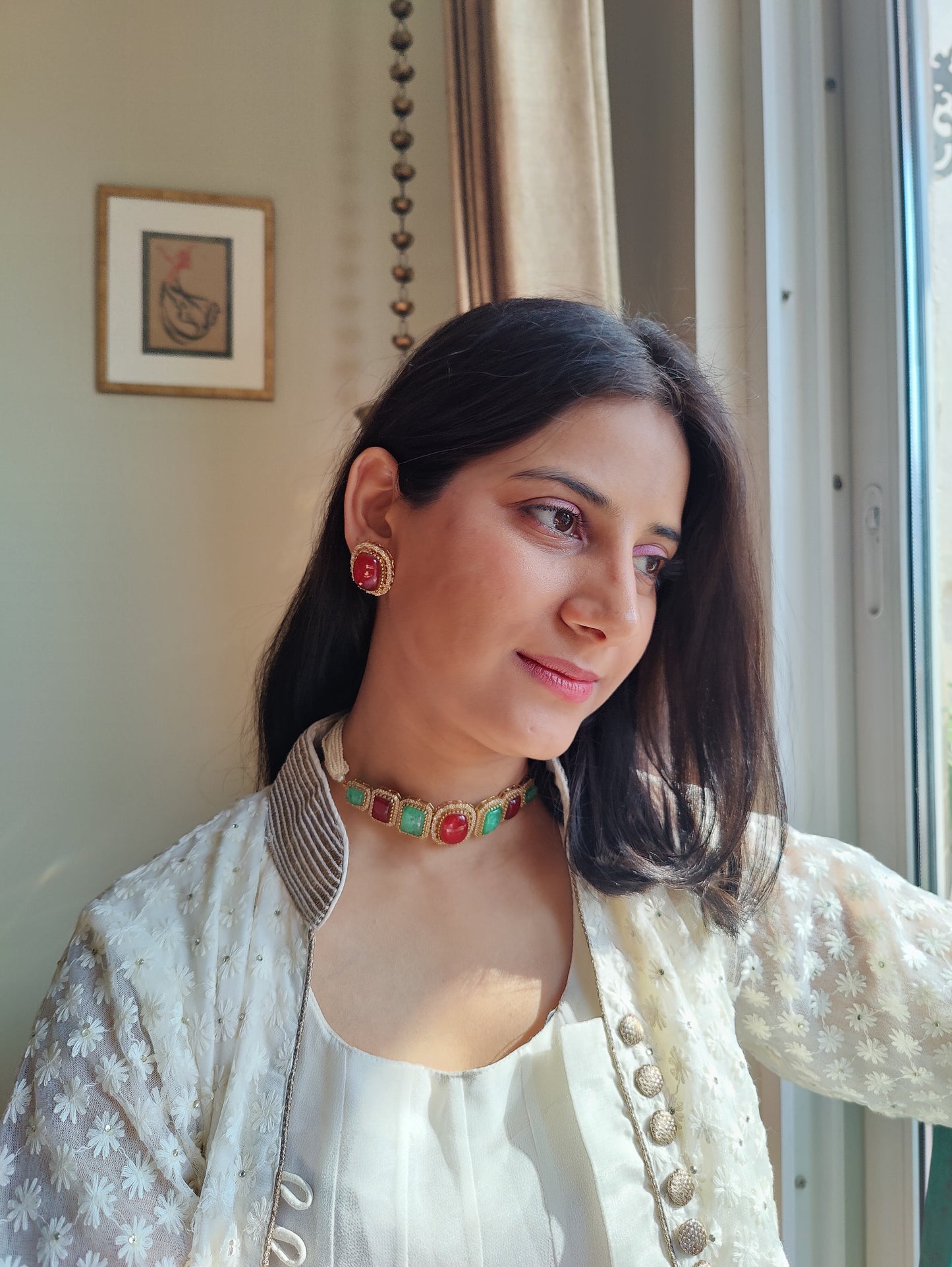 Namya choker with coloured stones on poth pearl strings