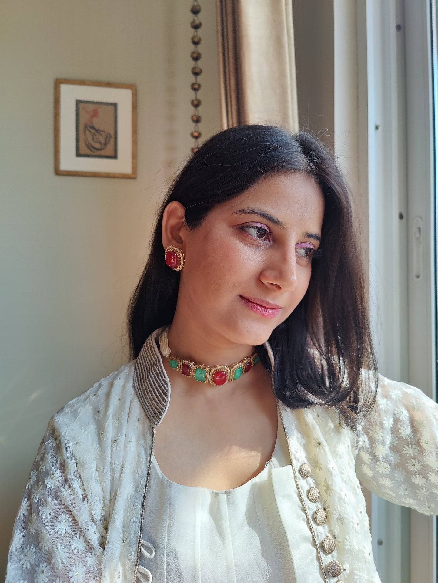 Namya choker with coloured stones on poth pearl strings