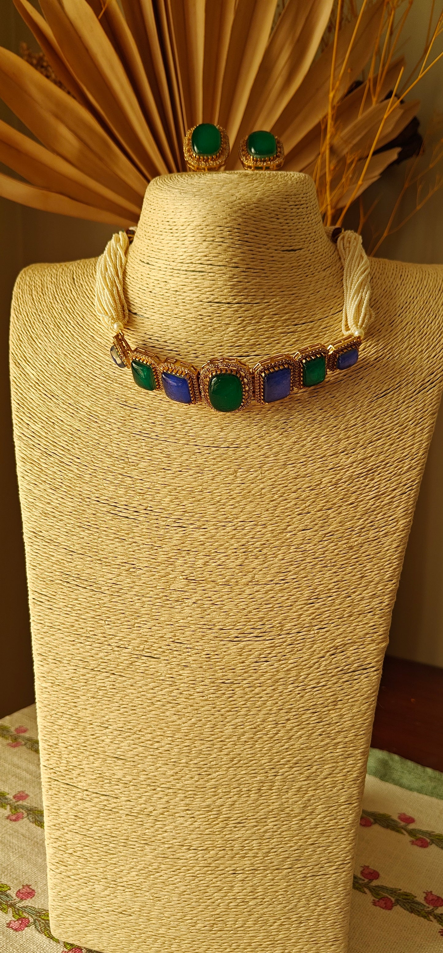 Namya choker with coloured stones on poth pearl strings