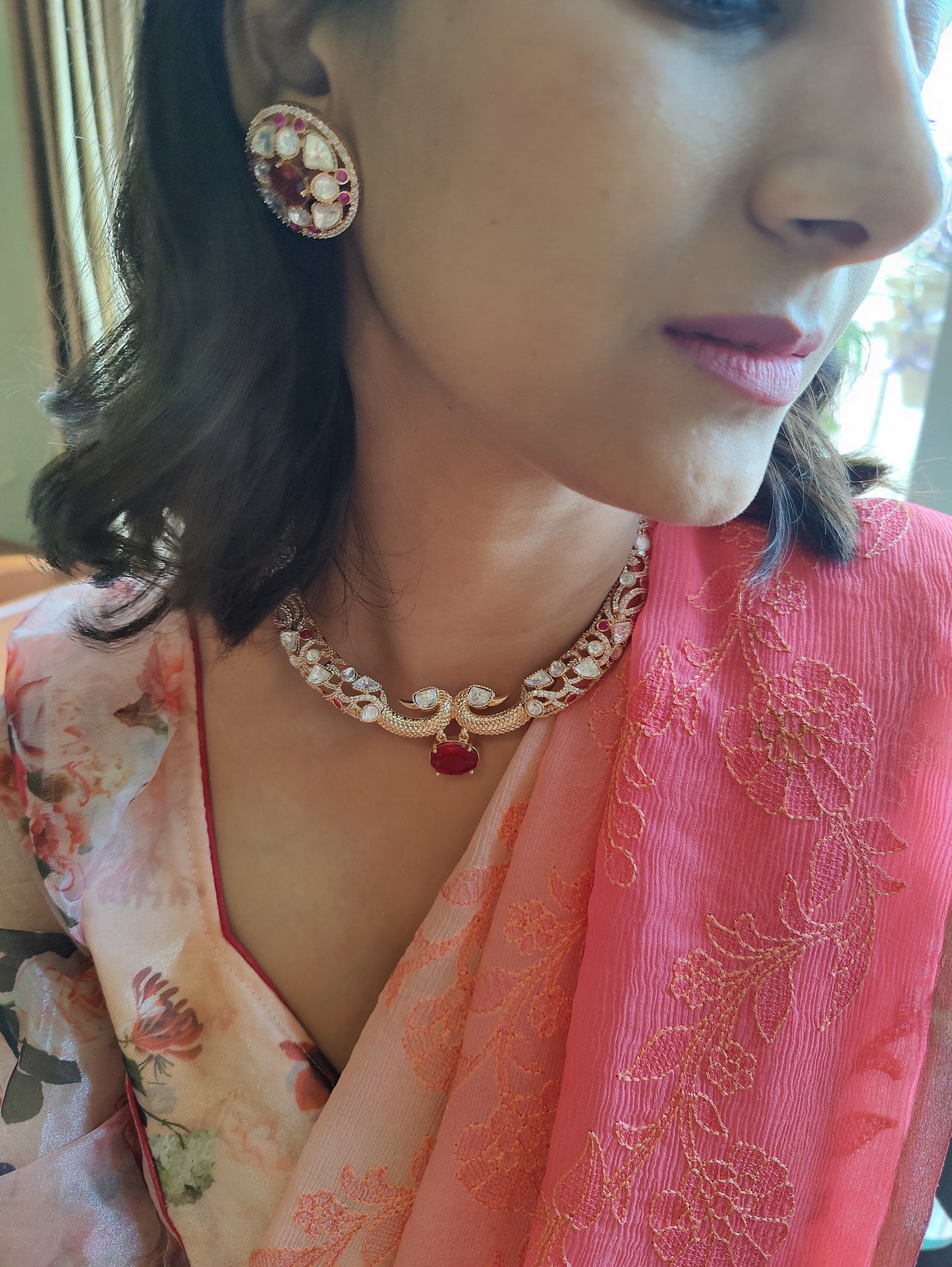 Dilber hasli set with moissanite and emerald green/ ruby red stone