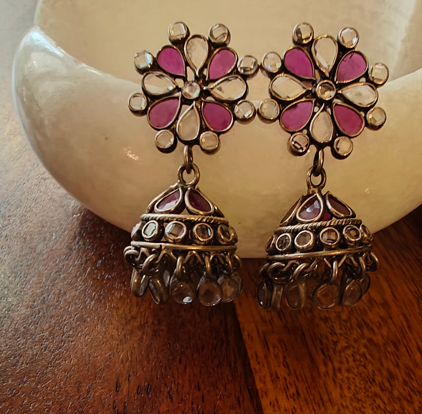 Sterling silver jhumkis with ruby pink and transparent stone