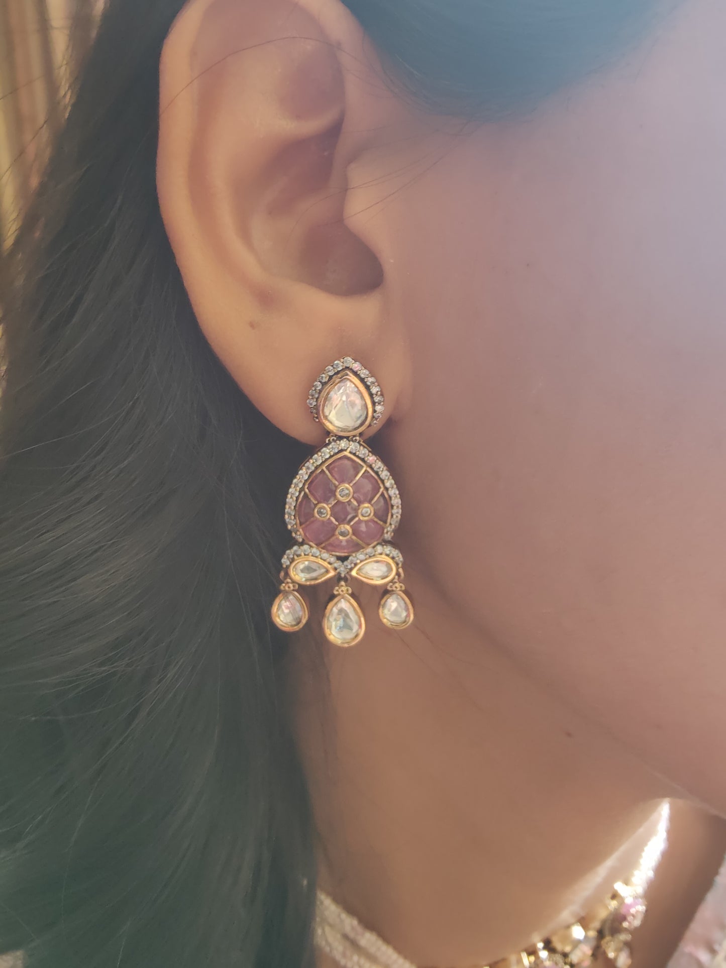 Jaiman choker set with pink stones and moissanite on poth pearl strings