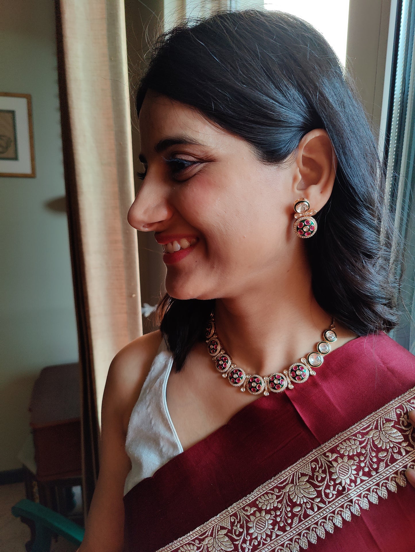 Kalindi set with kundan,red stone rounds