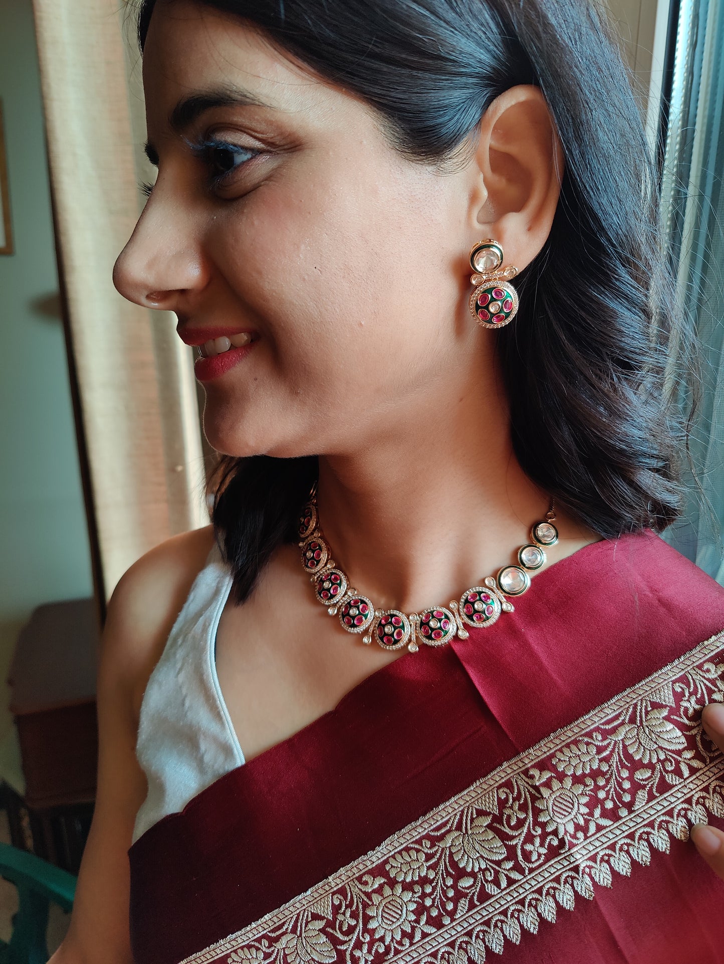 Kalindi set with kundan,red stone rounds