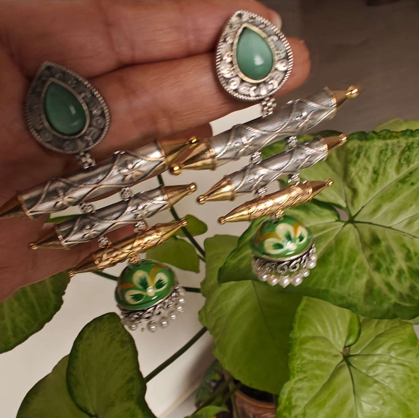 Dual tone earrings with painted jhumki