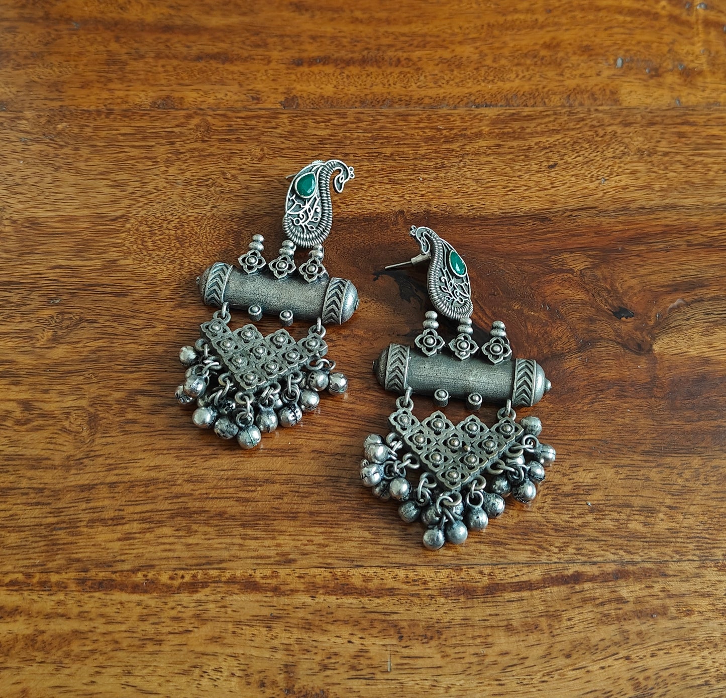 Earrings with peacock stud and chattai design piece hanging below