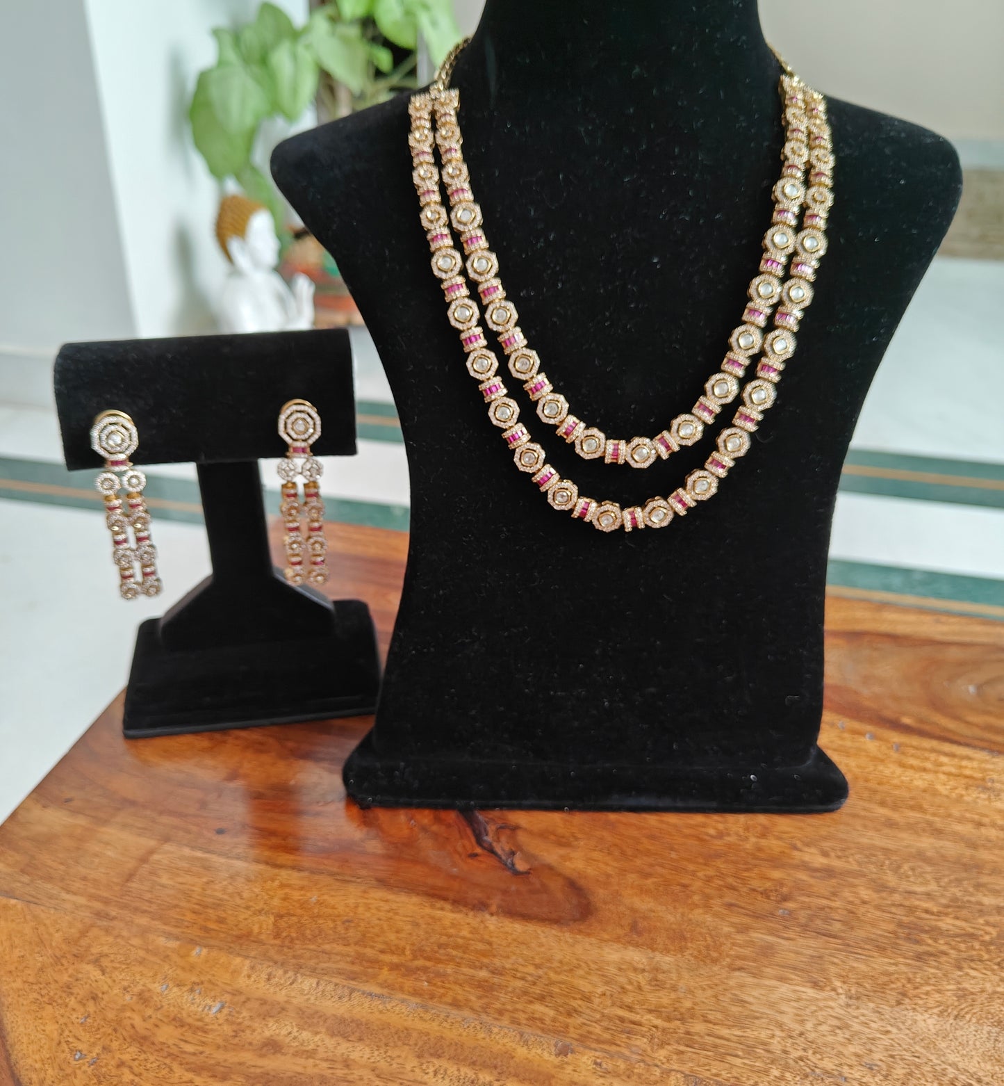 Ujjwala double layered set with red ruby stones and moissanite
