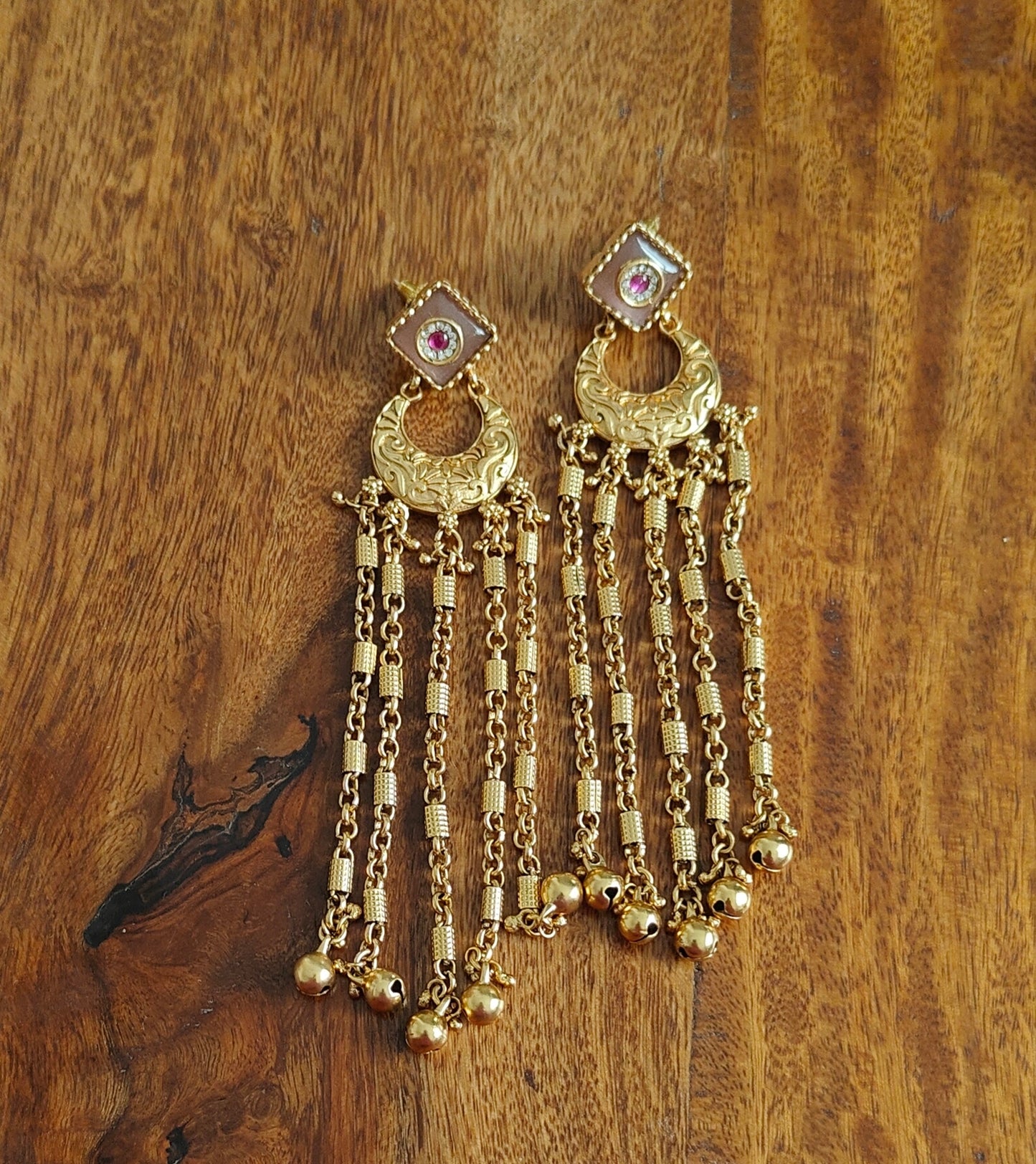Earrings long with stone square stud and gold hangings