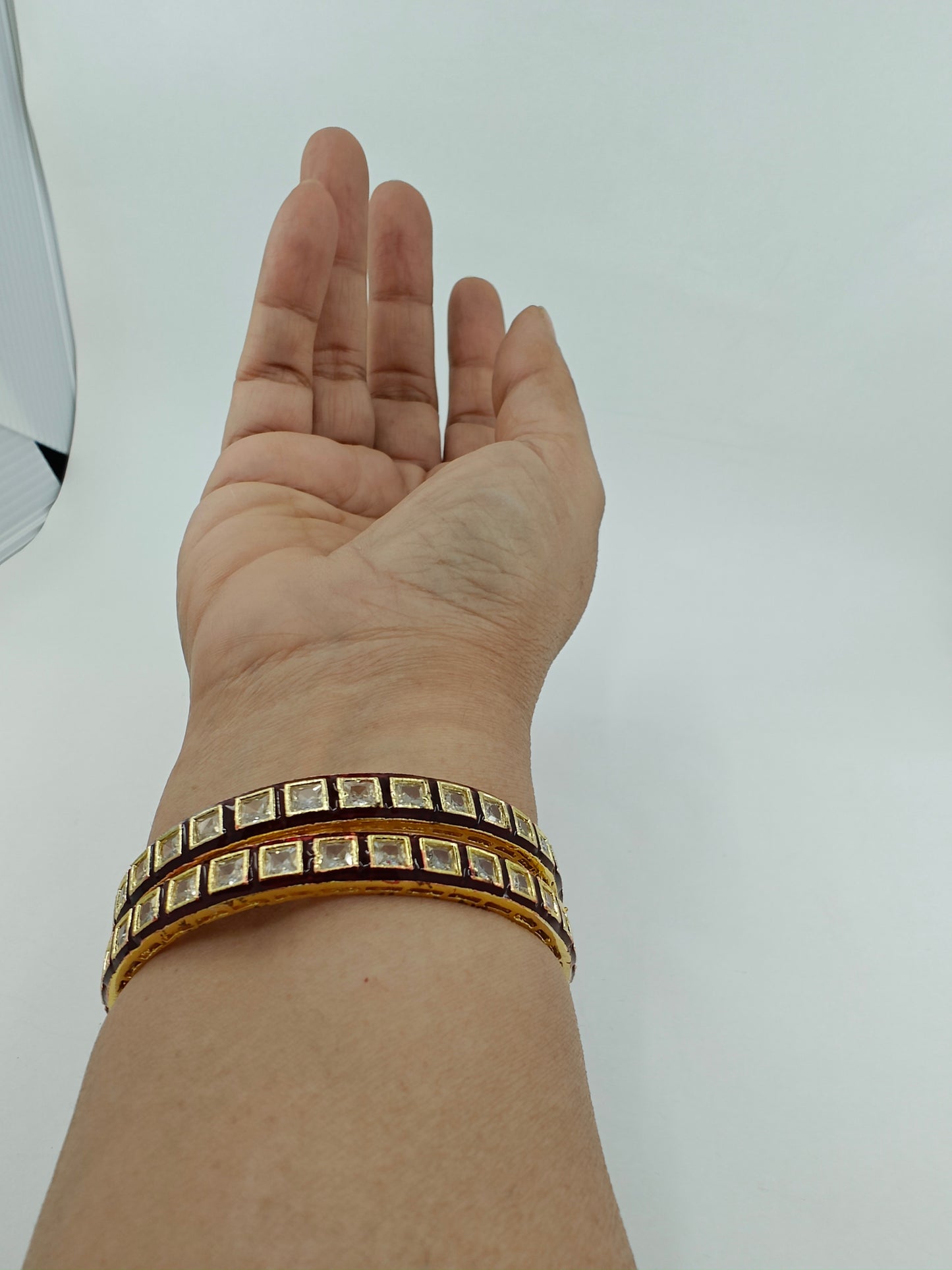 Square kundan bangles with with meenakari in red/green(2pcs)