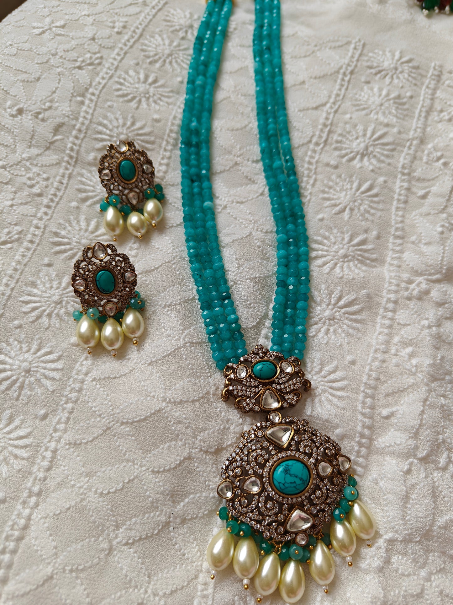 'Jasmine' antique finish stone studded necklace and earrings set