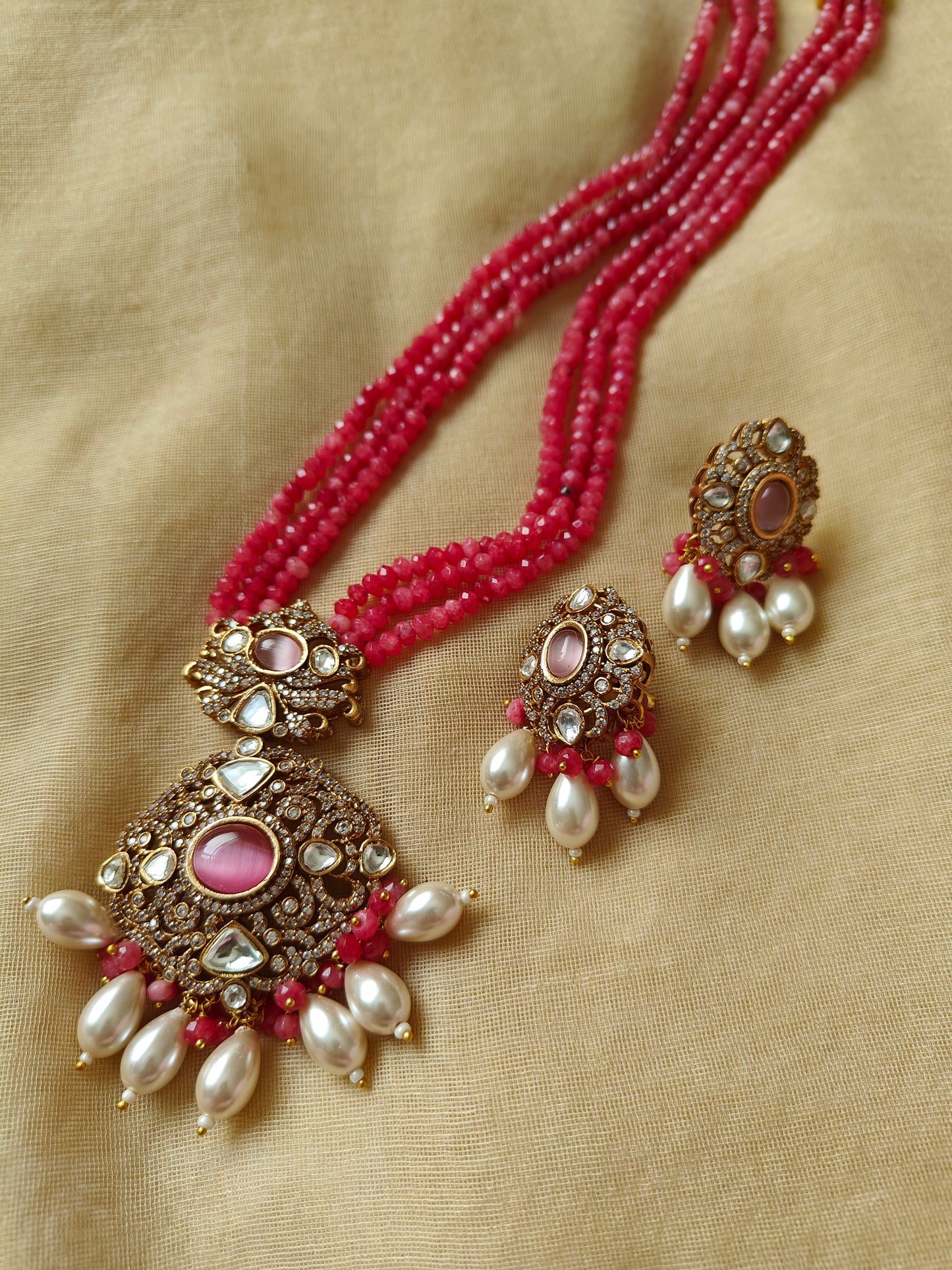 'Jasmine' antique finish stone studded necklace and earrings set
