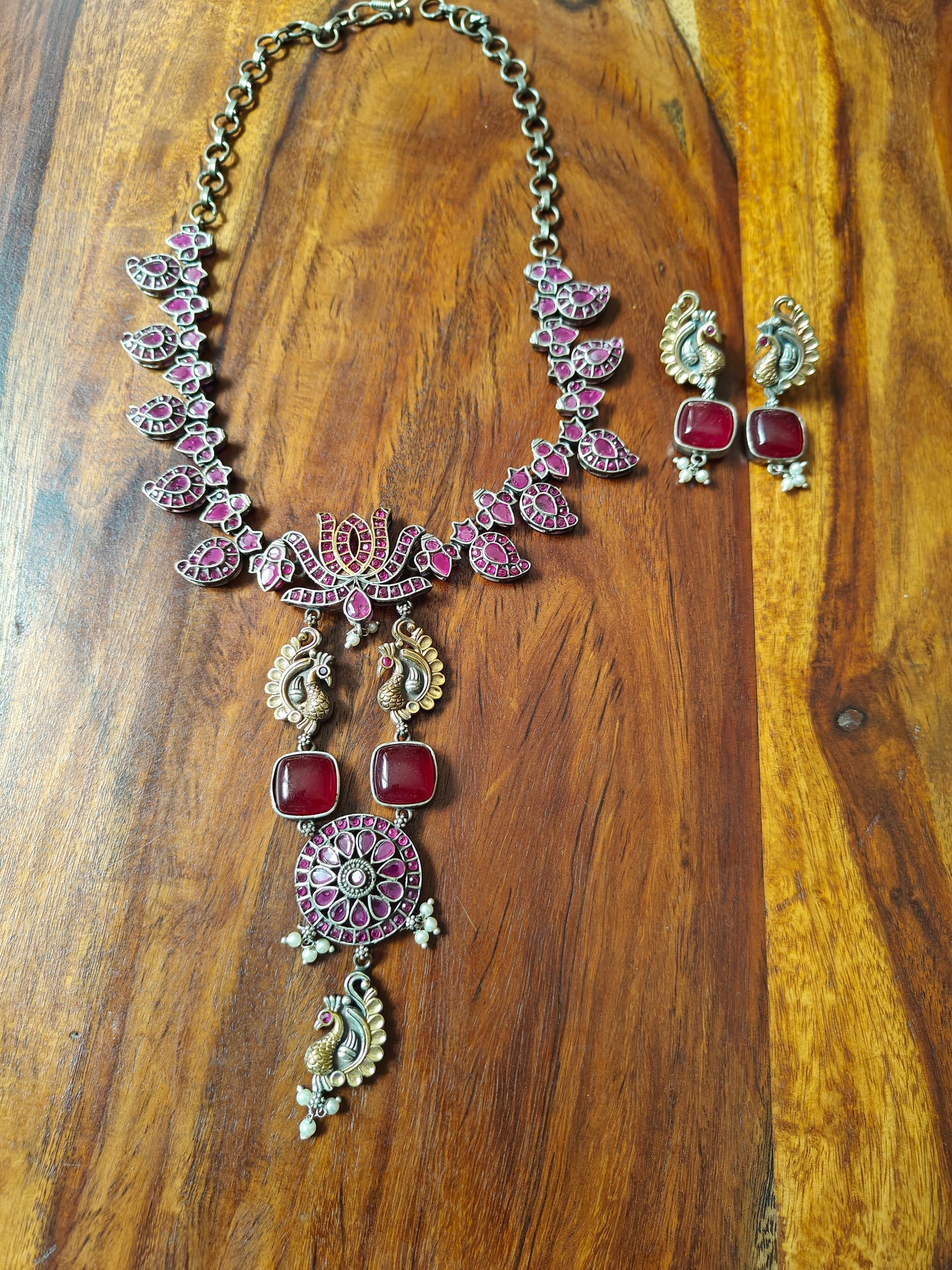 Antique silver finish set, Peacock motif necklace with pale green detailing, matching earrings set