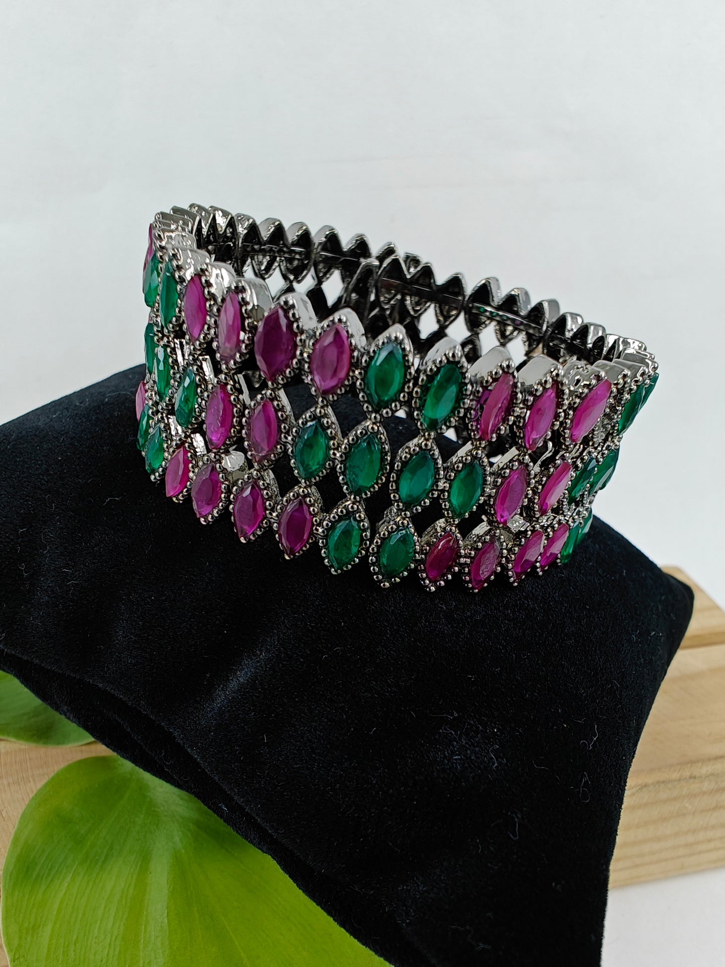 Antique platinum finish/ gold finish stone studded cuff/ Bangle with snap closure