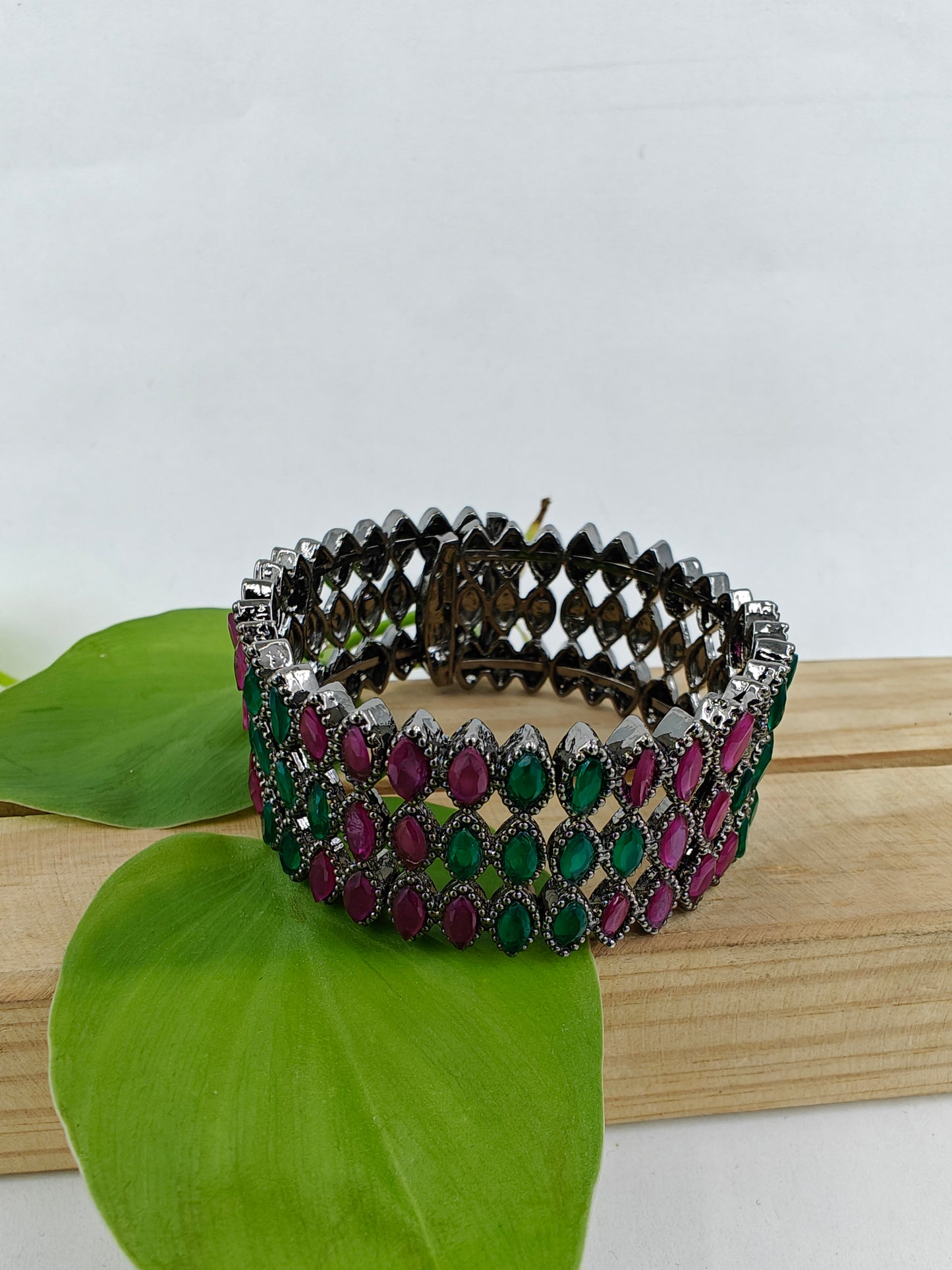 Antique platinum finish/ gold finish stone studded cuff/ Bangle with snap closure