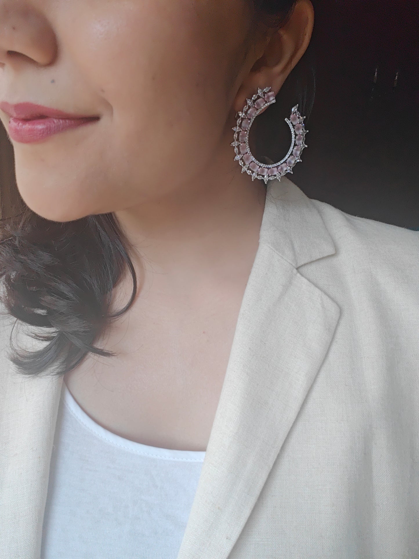 Platinum finished big earrings with baby pink inlay highlighted with CZ