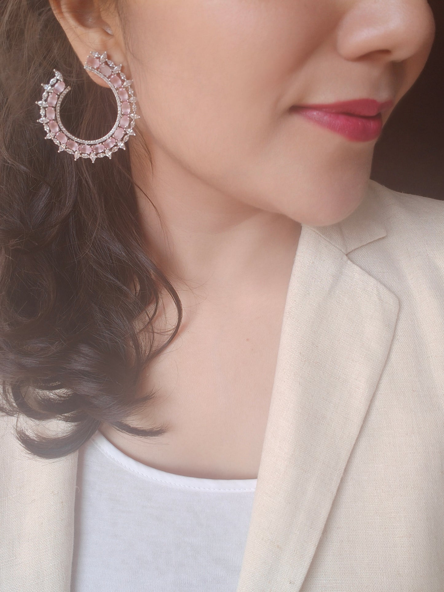 Platinum finished big earrings with baby pink inlay highlighted with CZ