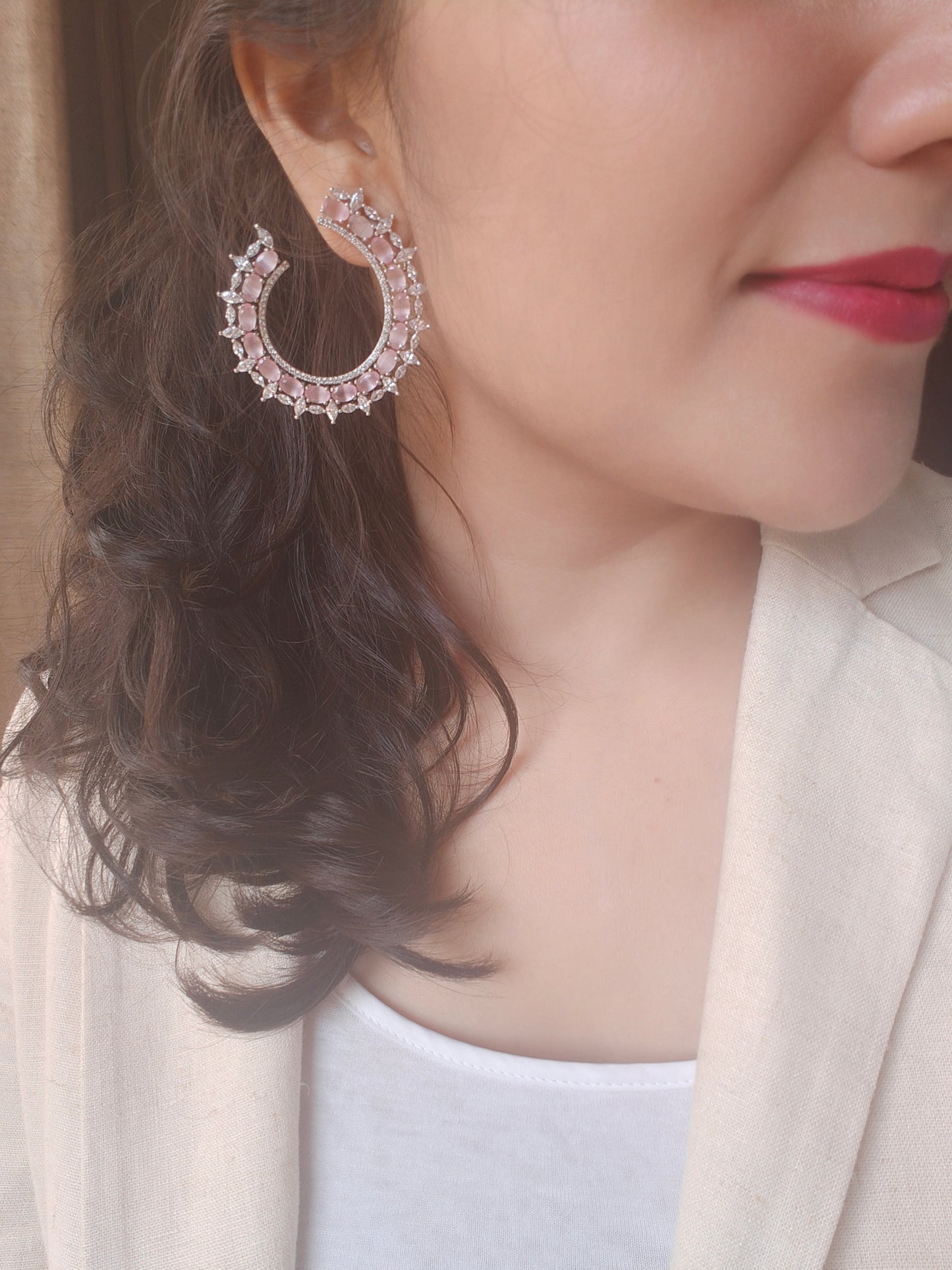 Platinum finished big earrings with baby pink inlay highlighted with CZ