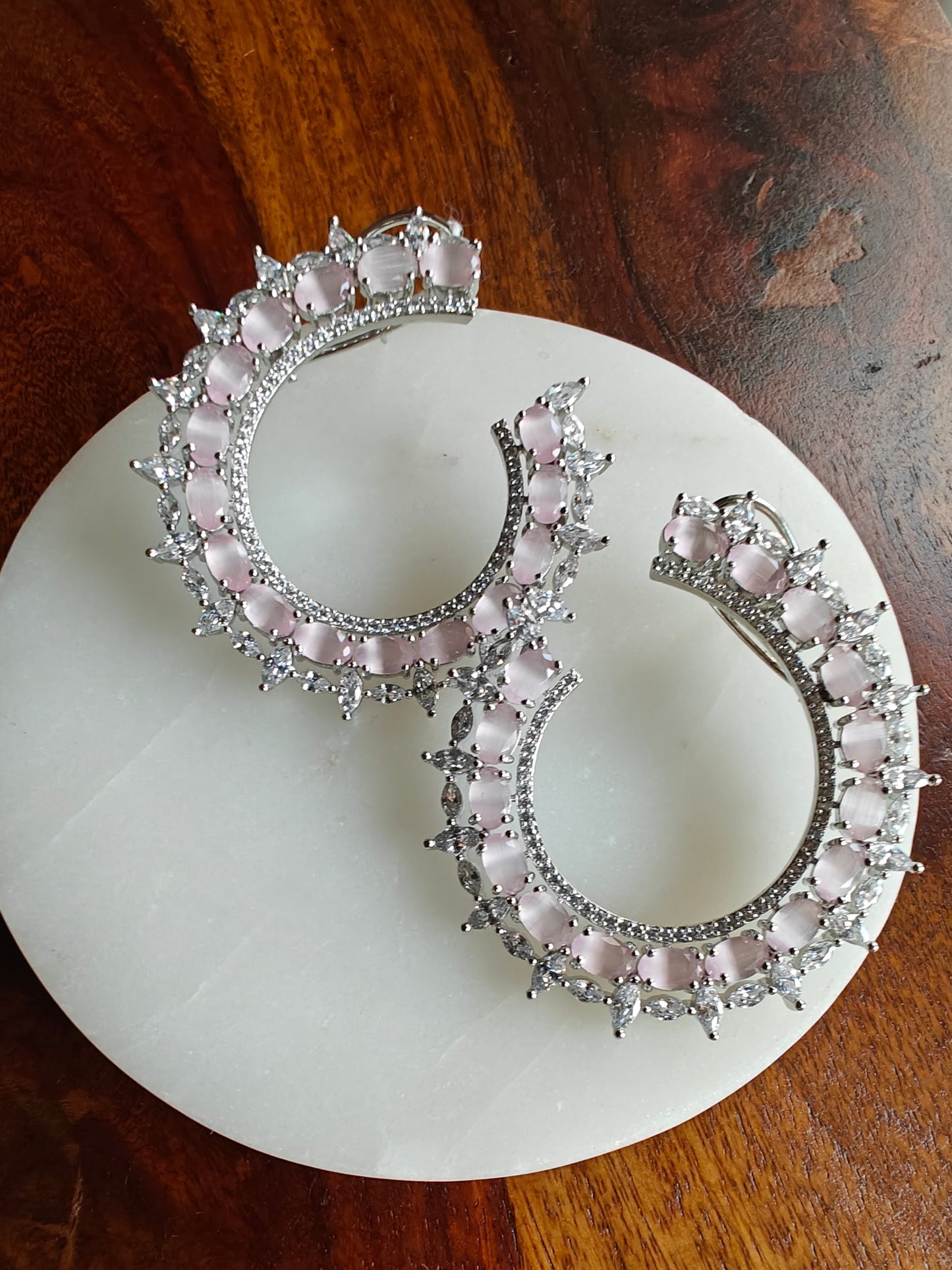 Platinum finished big earrings with baby pink inlay highlighted with CZ