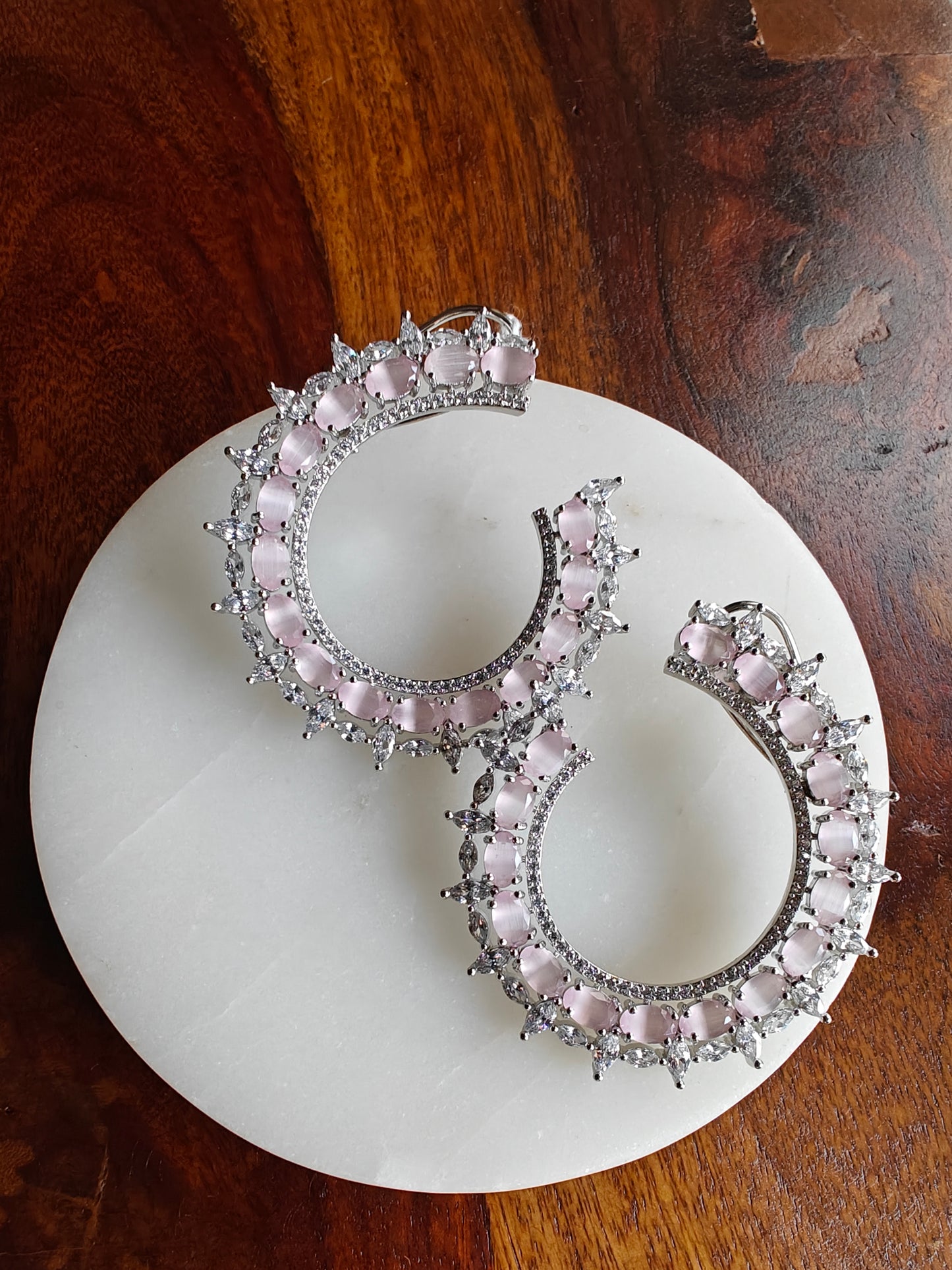 Platinum finished big earrings with baby pink inlay highlighted with CZ