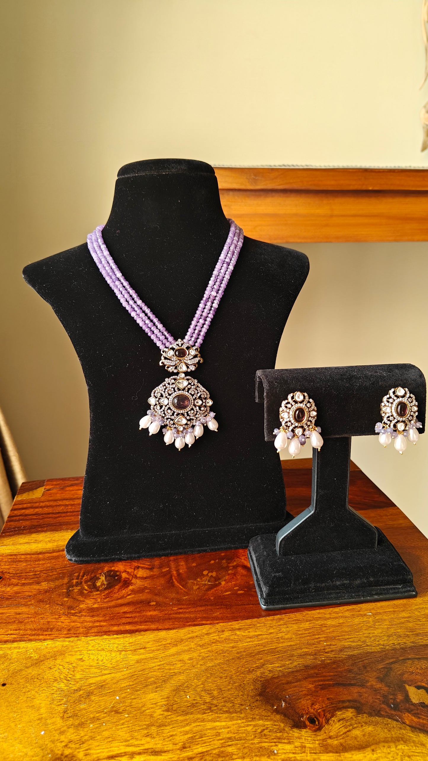 'Jasmine' antique finish stone studded necklace and earrings set