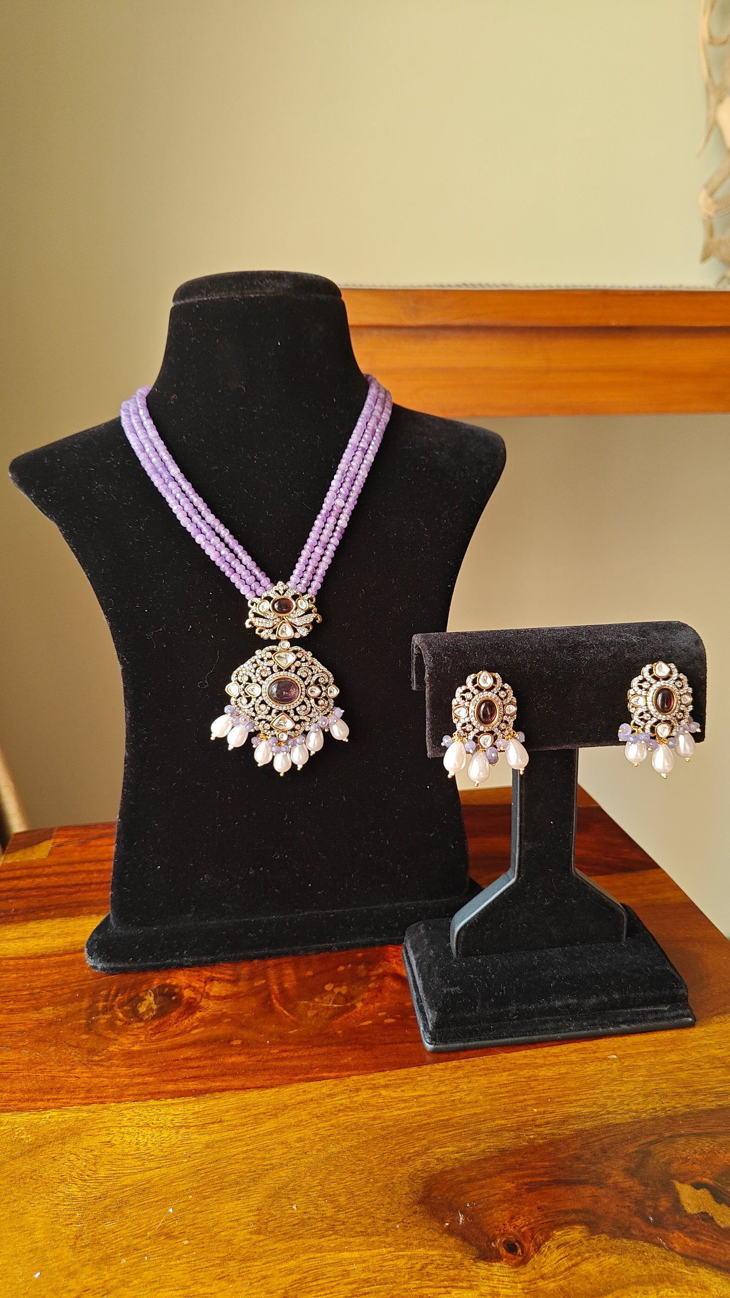 'Jasmine' antique finish stone studded necklace and earrings set