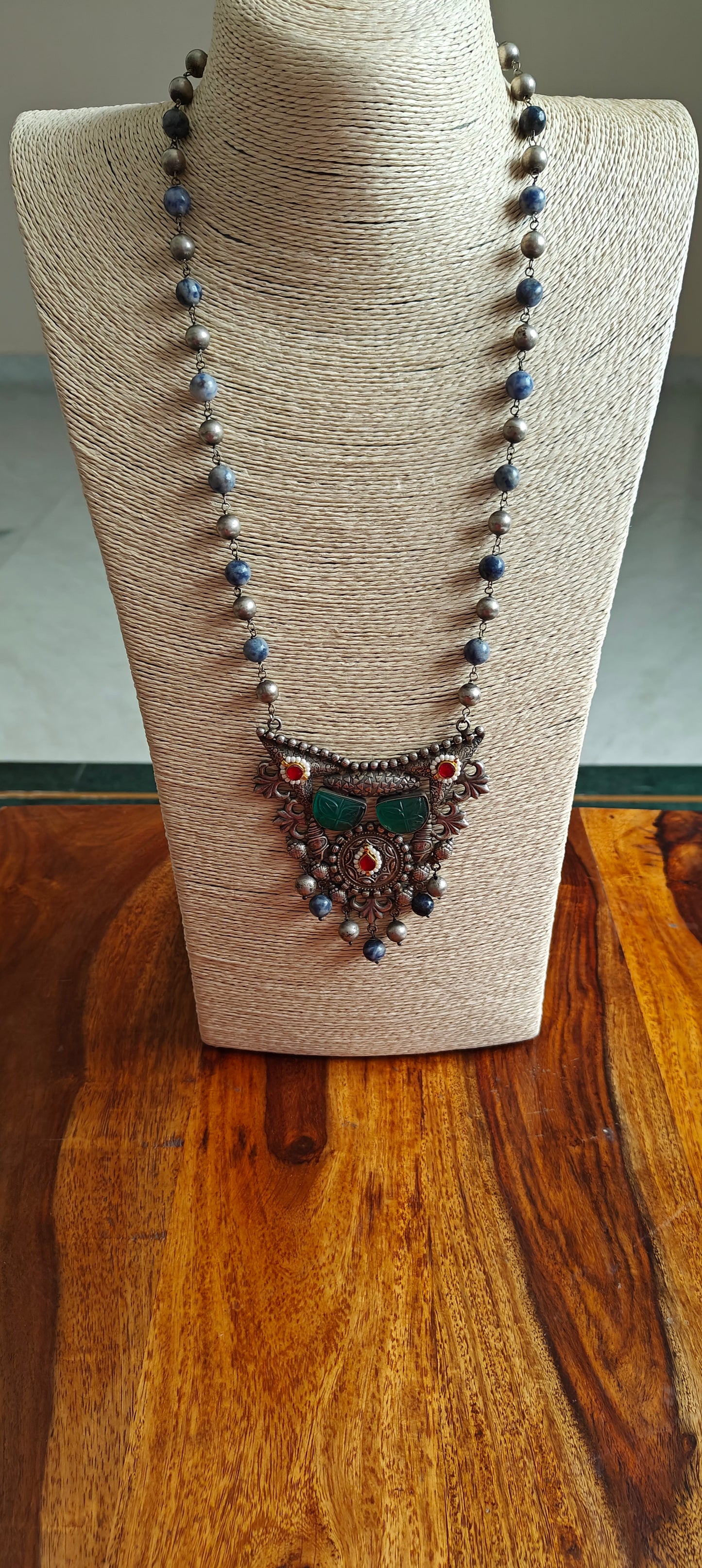Dual tone necklace with blue stone and bead chain
