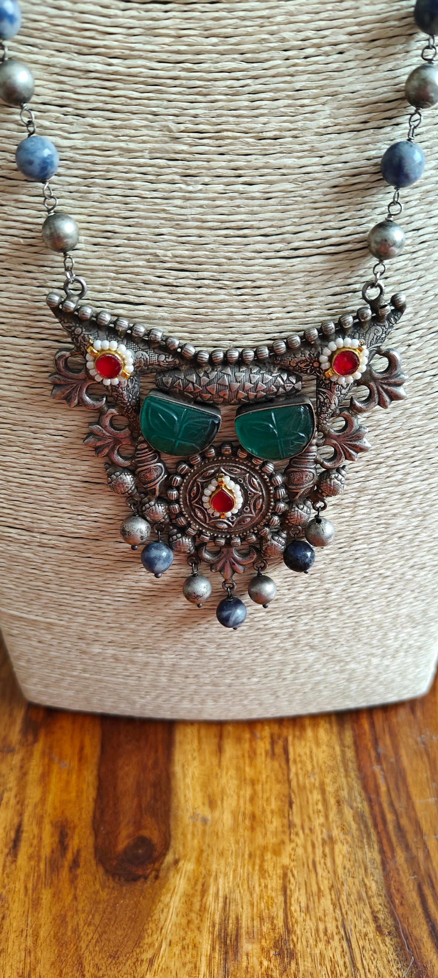 Dual tone necklace with blue stone and bead chain