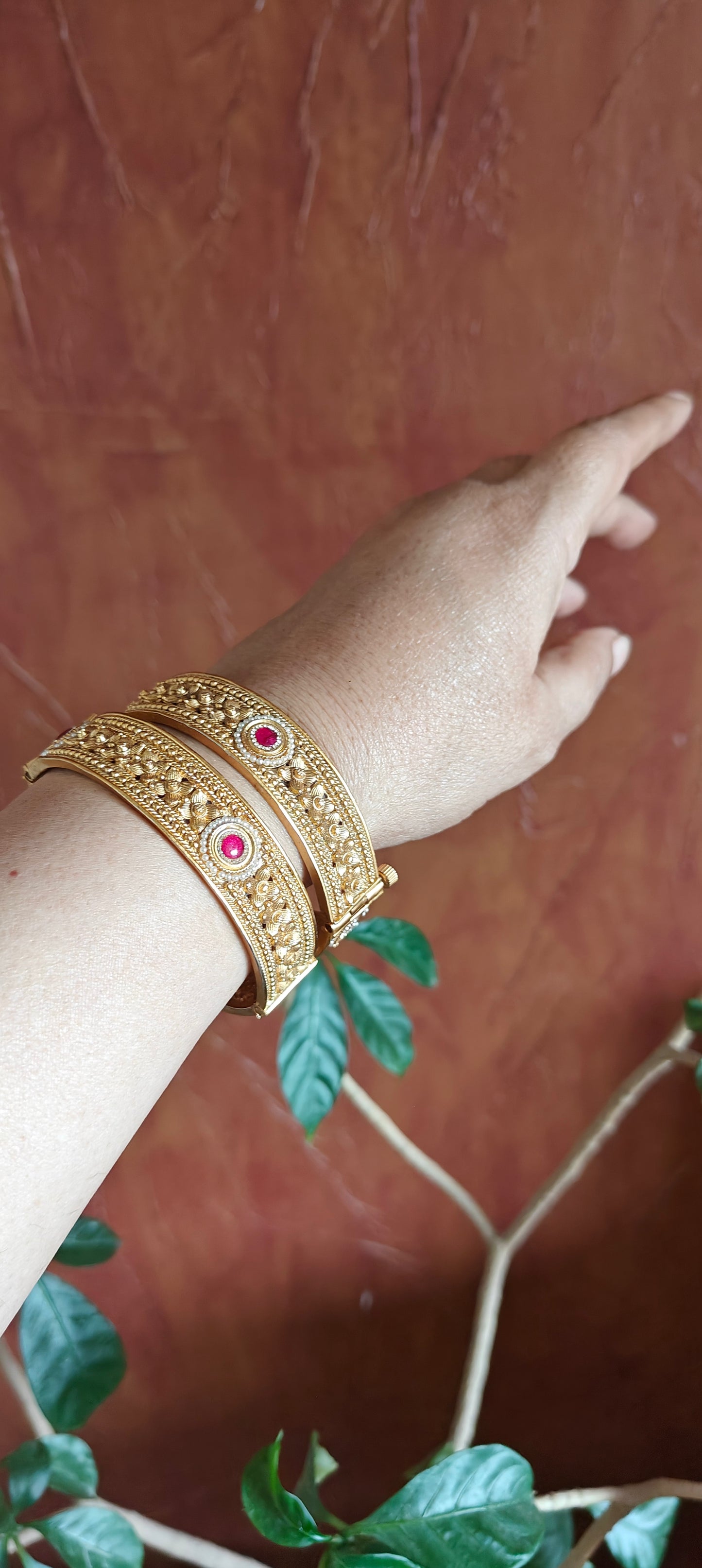 Gold karas(bangle)with red stones CZ and pearls all around(2pc)