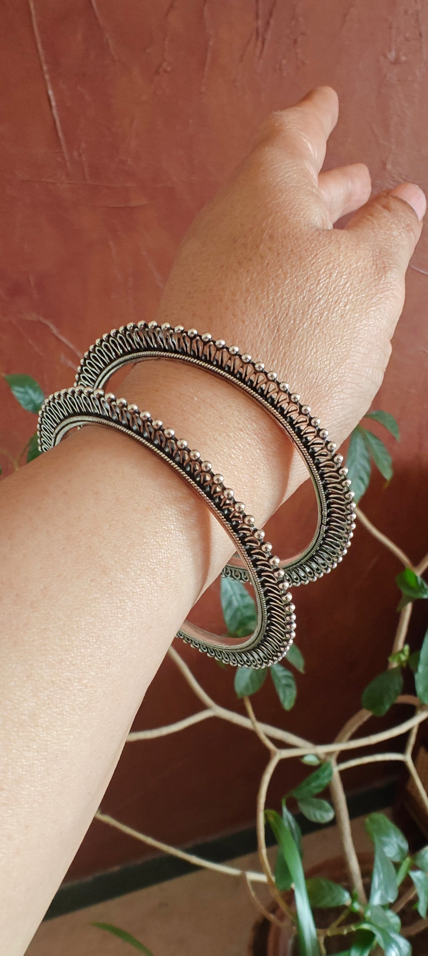 Bhavya silver(92.5) karas(bangles)with jali work and ball design(2 pc)