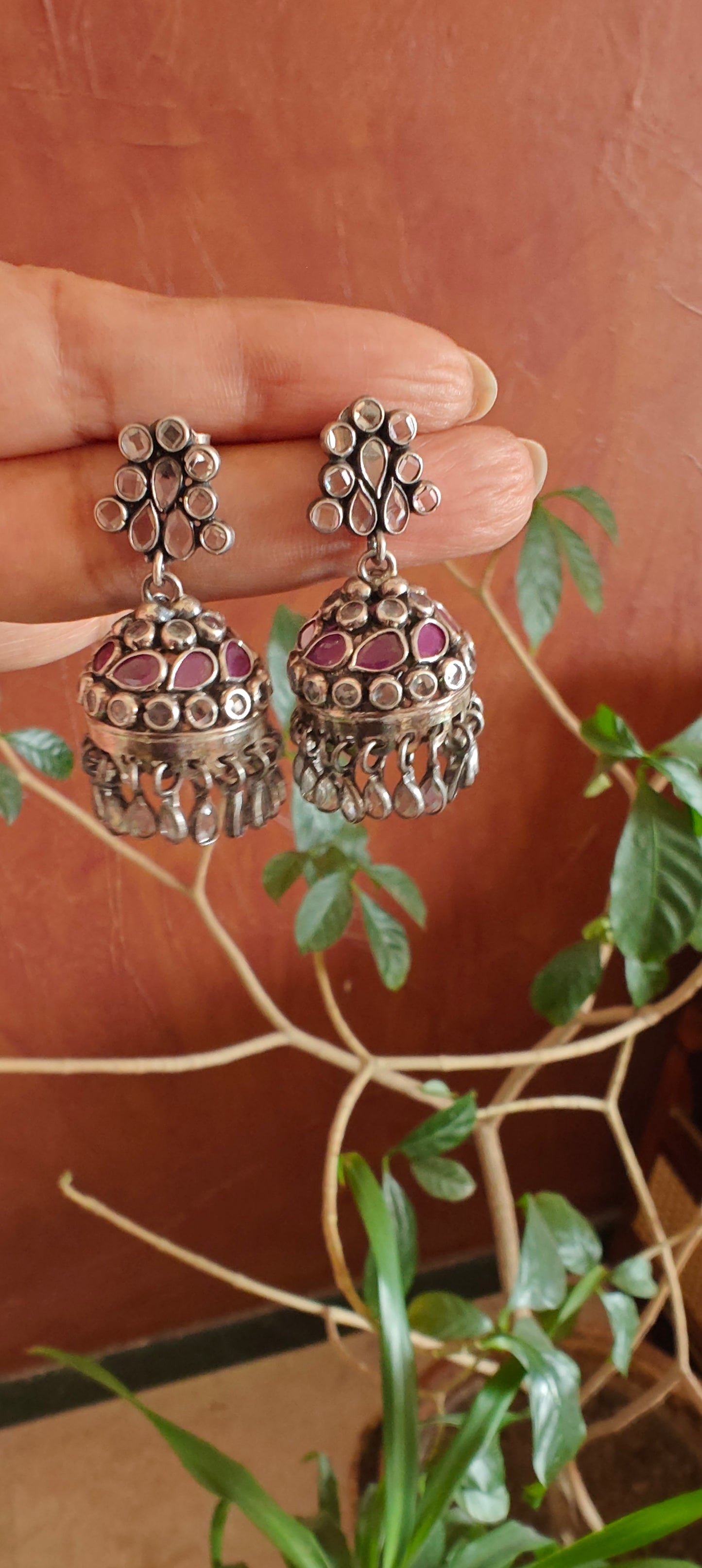 Silver(92.5) Jhumkis with ruby red and clear stone