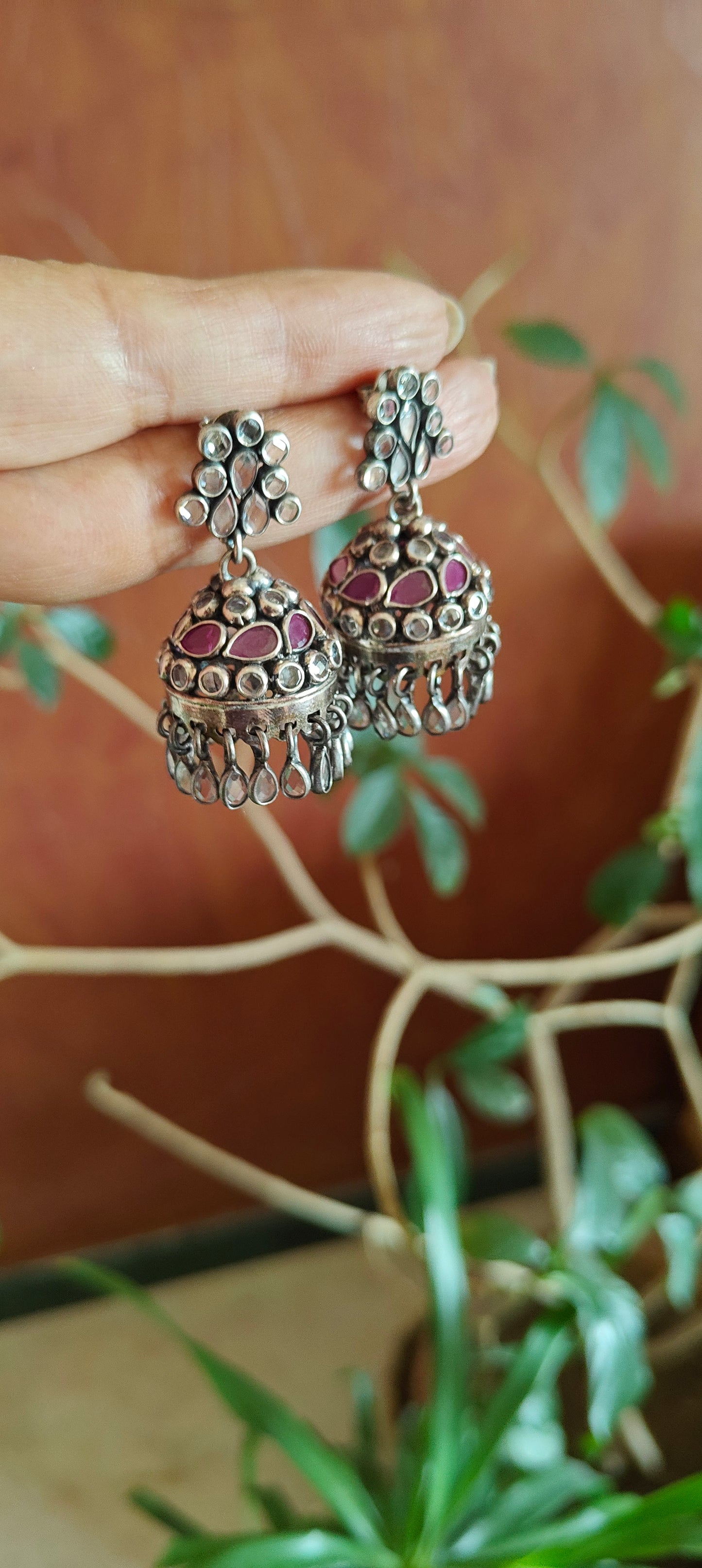 Silver(92.5) Jhumkis with ruby red and clear stone