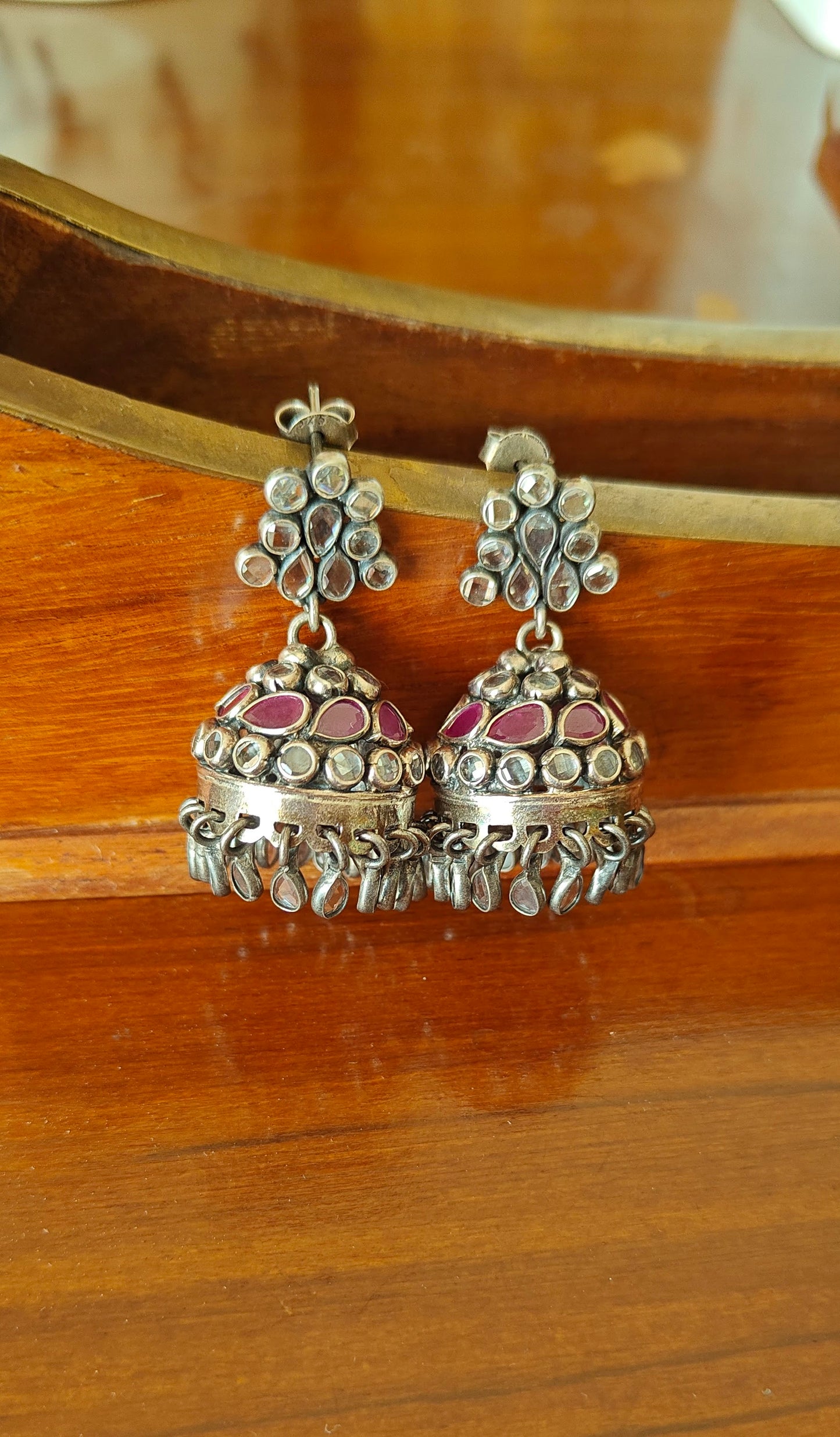 Silver(92.5) Jhumkis with ruby red and clear stone