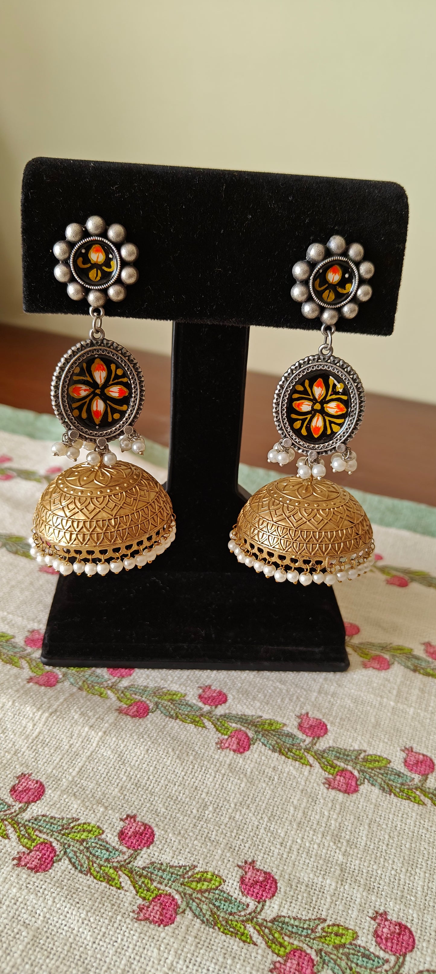 Jiya double tone jhumkas with painted flowers