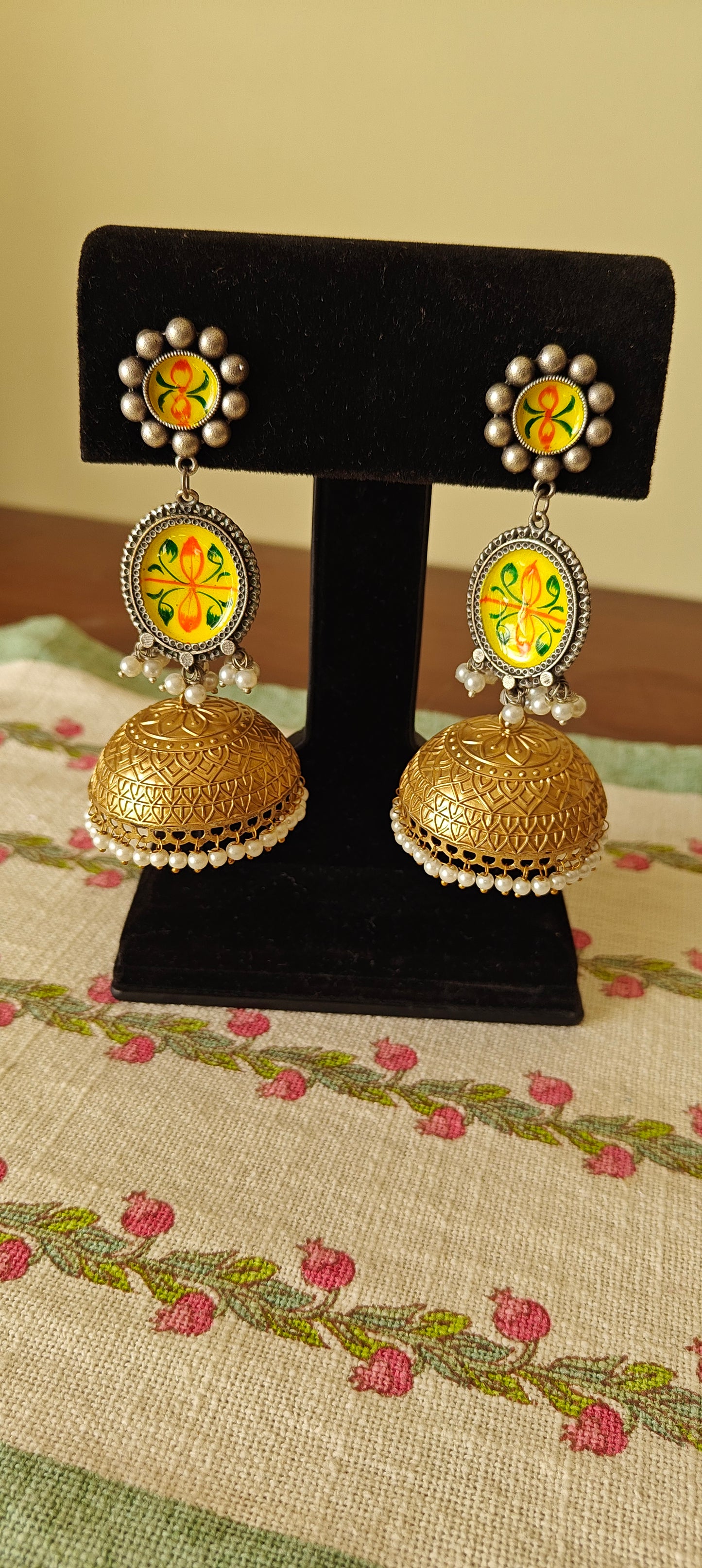 Jiya double tone jhumkas with painted flowers