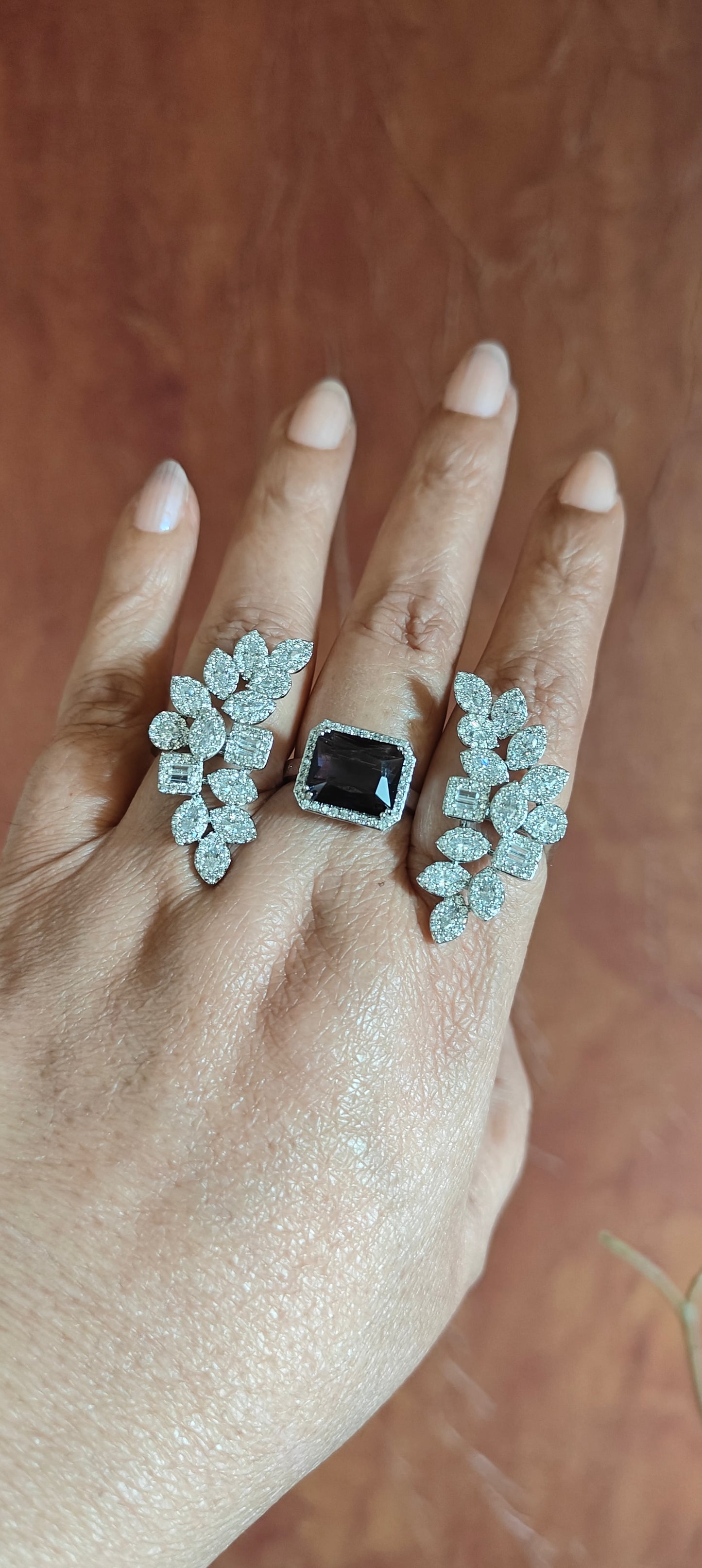 Three finger ring with stone and CZ twigs
