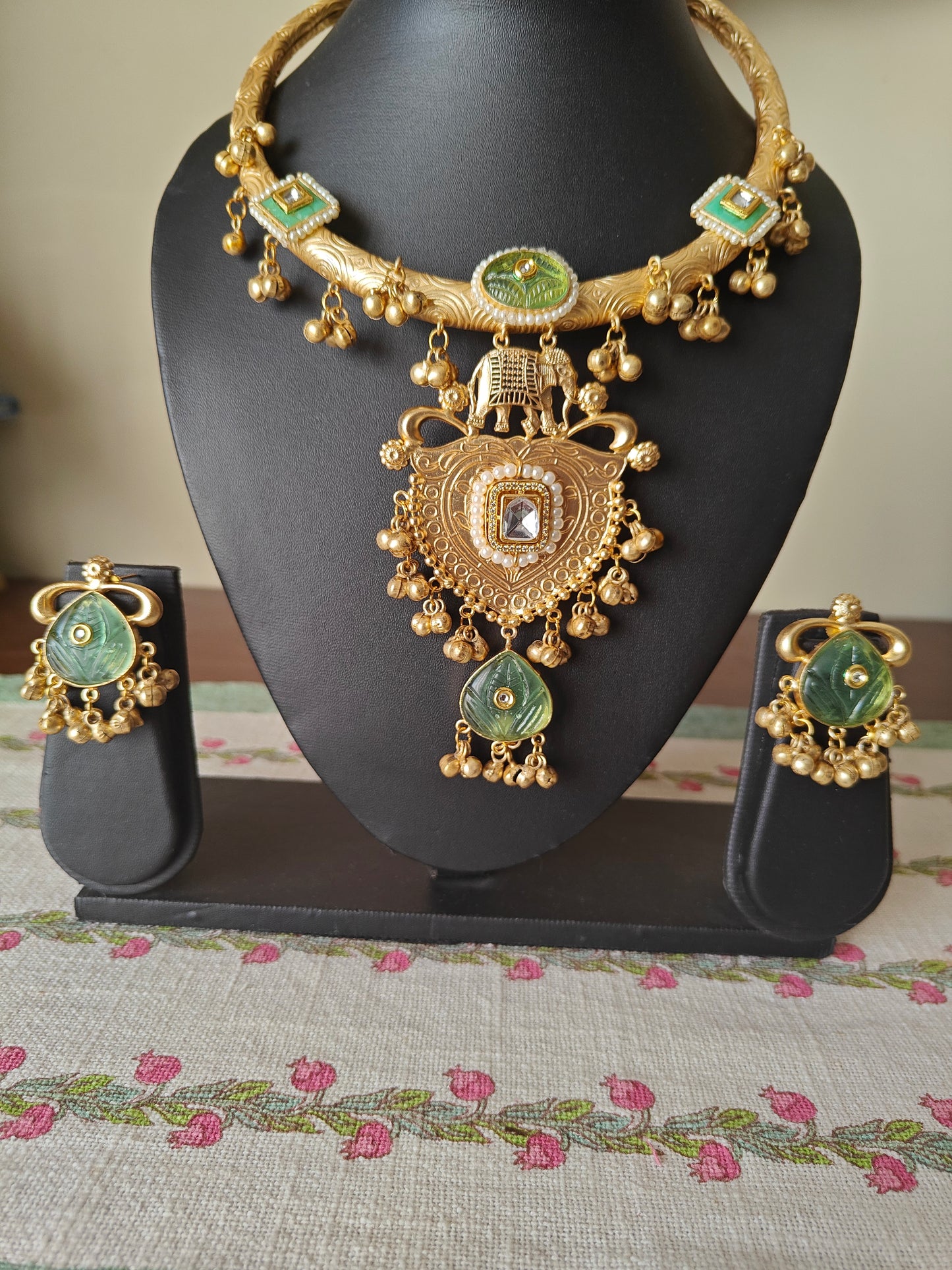 Chadna elephant thick hastli with mint green stones