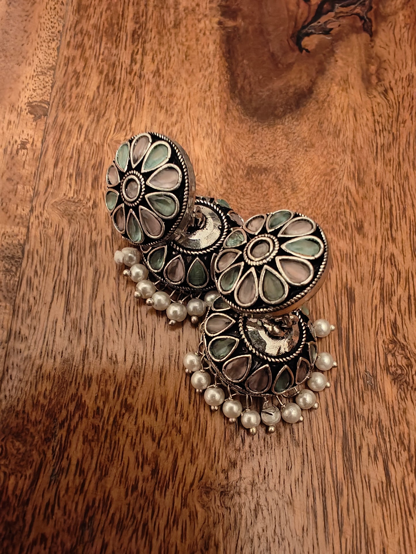 Earrings with stones on round stud and jhumkis