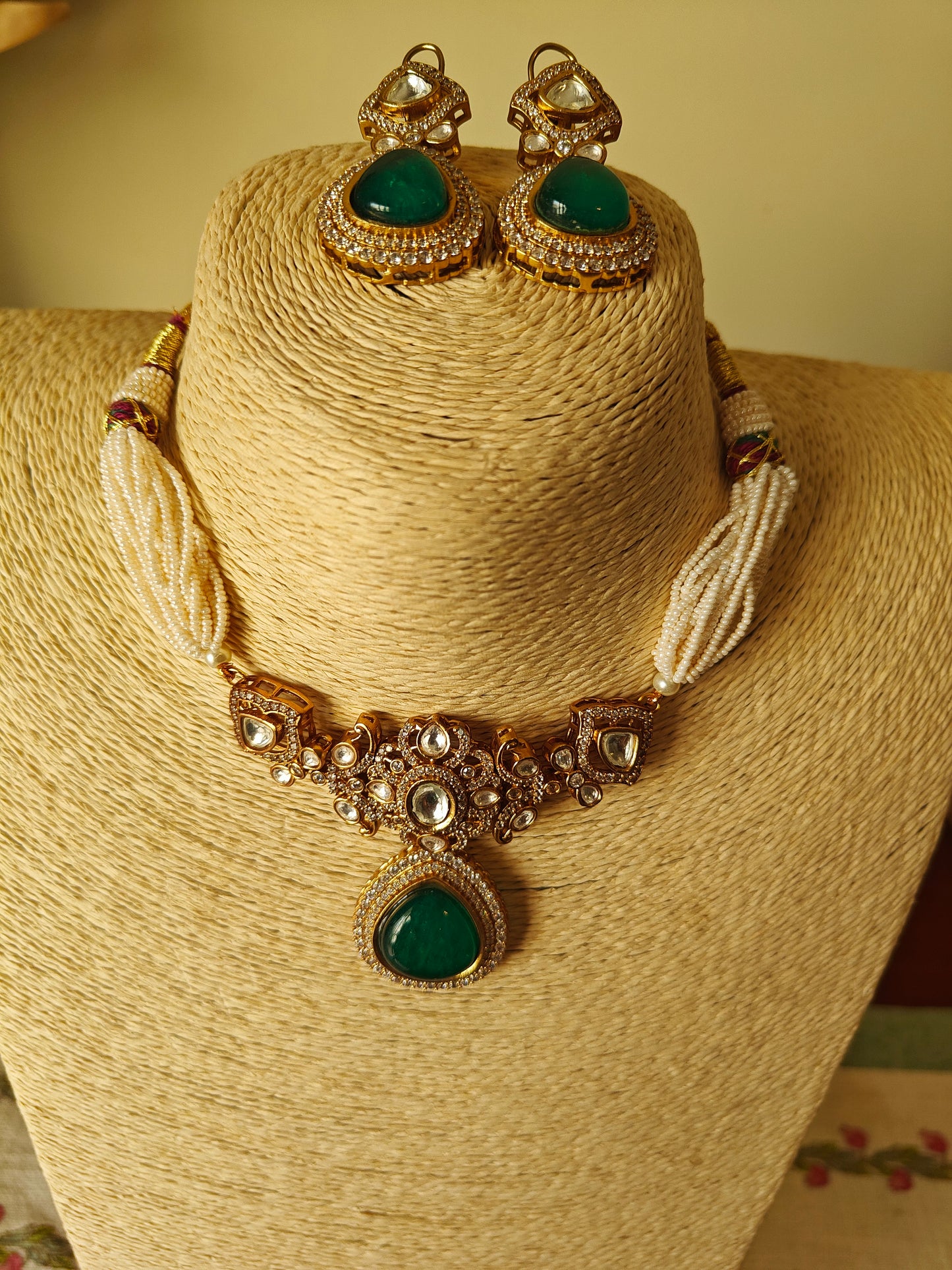 Nirupa choker set with stone and moissanite on poth pearl strings