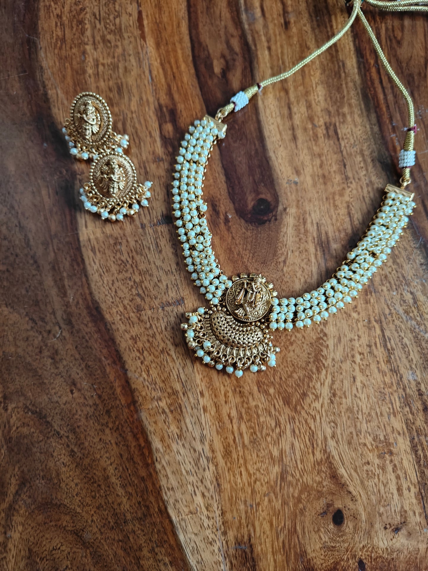 Gold Temple,Krishna pendant on pearl cluster necklace,Krishna studs with pearl hangings