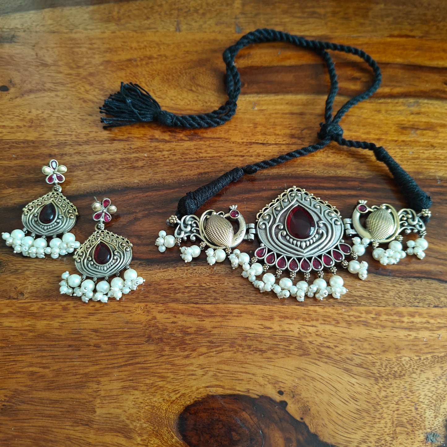 Choker set in dual tone with stone and peacocks