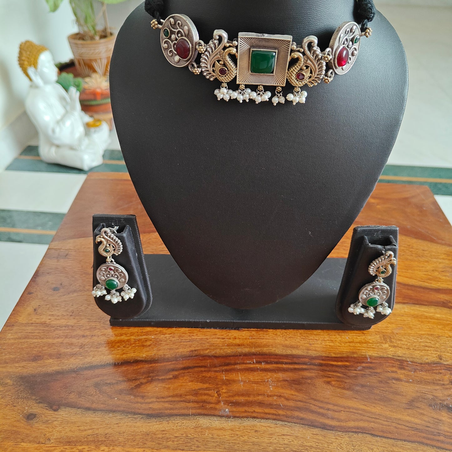 Dual tone choker set with square centre with stone and peacocks