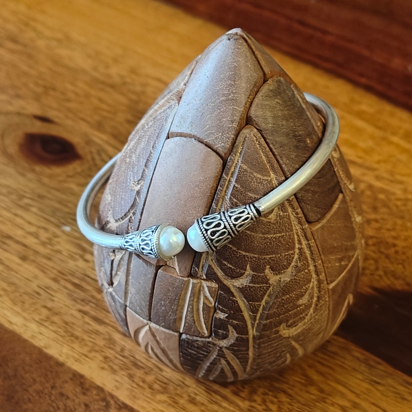 Sterling silver kara(bangle)with pearls on end