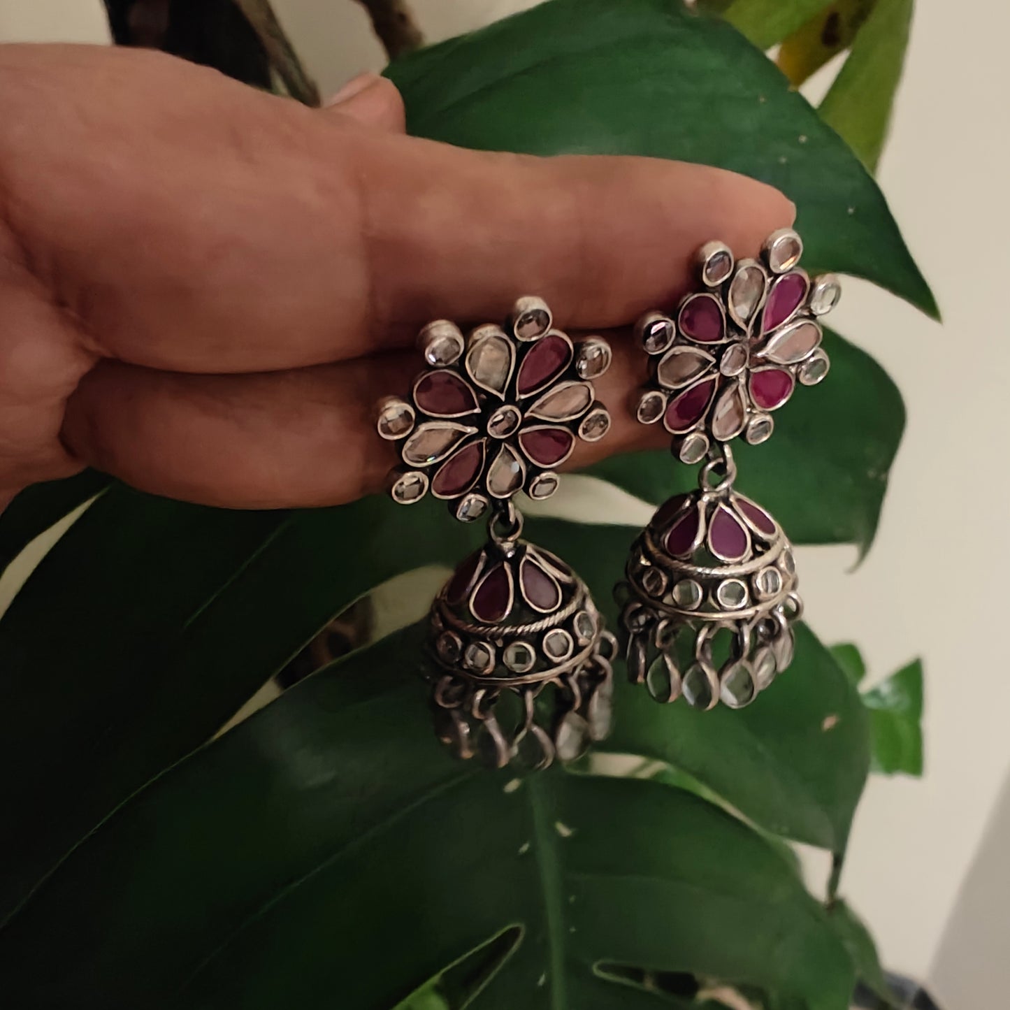 Sterling silver jhumkis with ruby pink and transparent stone