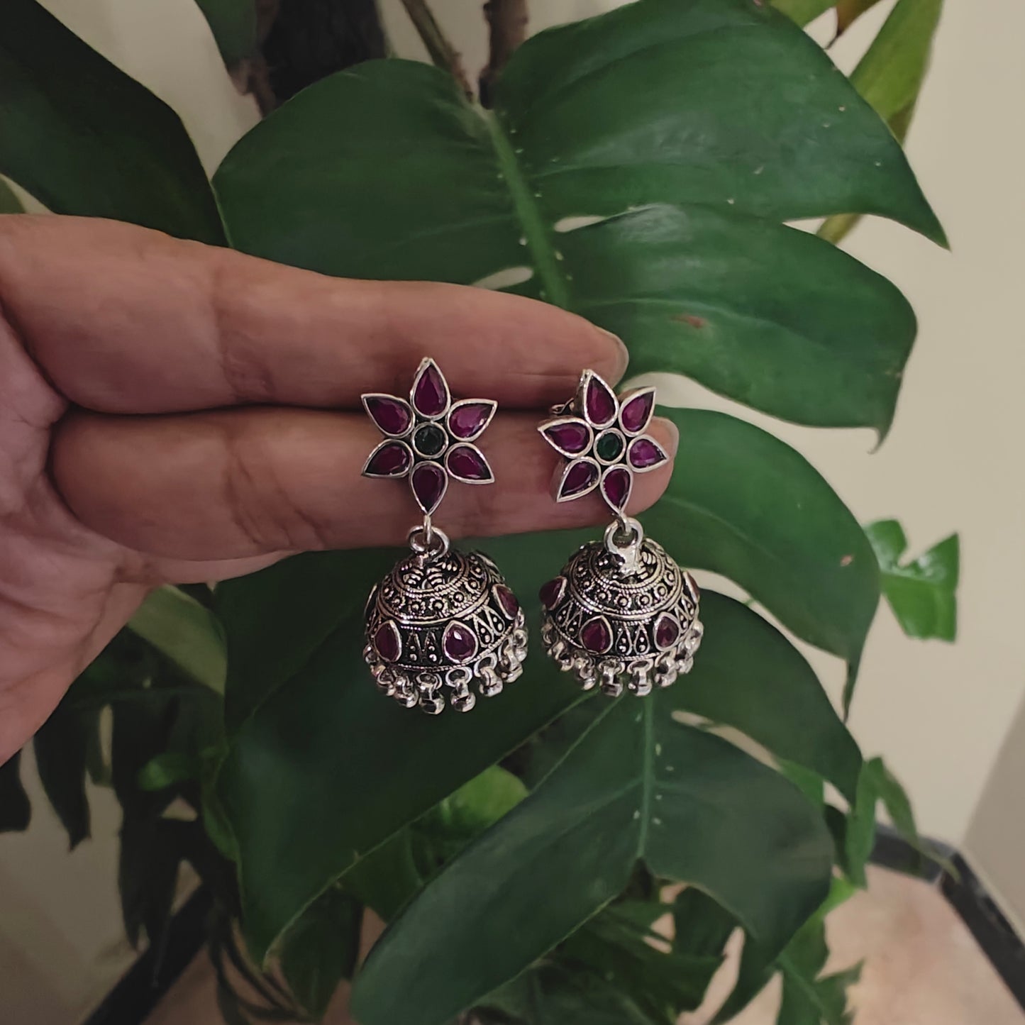 Sterling silver jhumkis on red flower stud