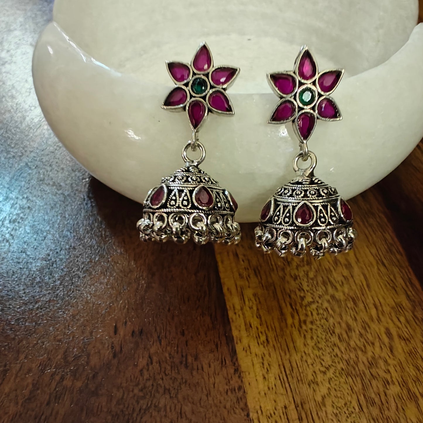 Sterling silver jhumkis on red flower stud