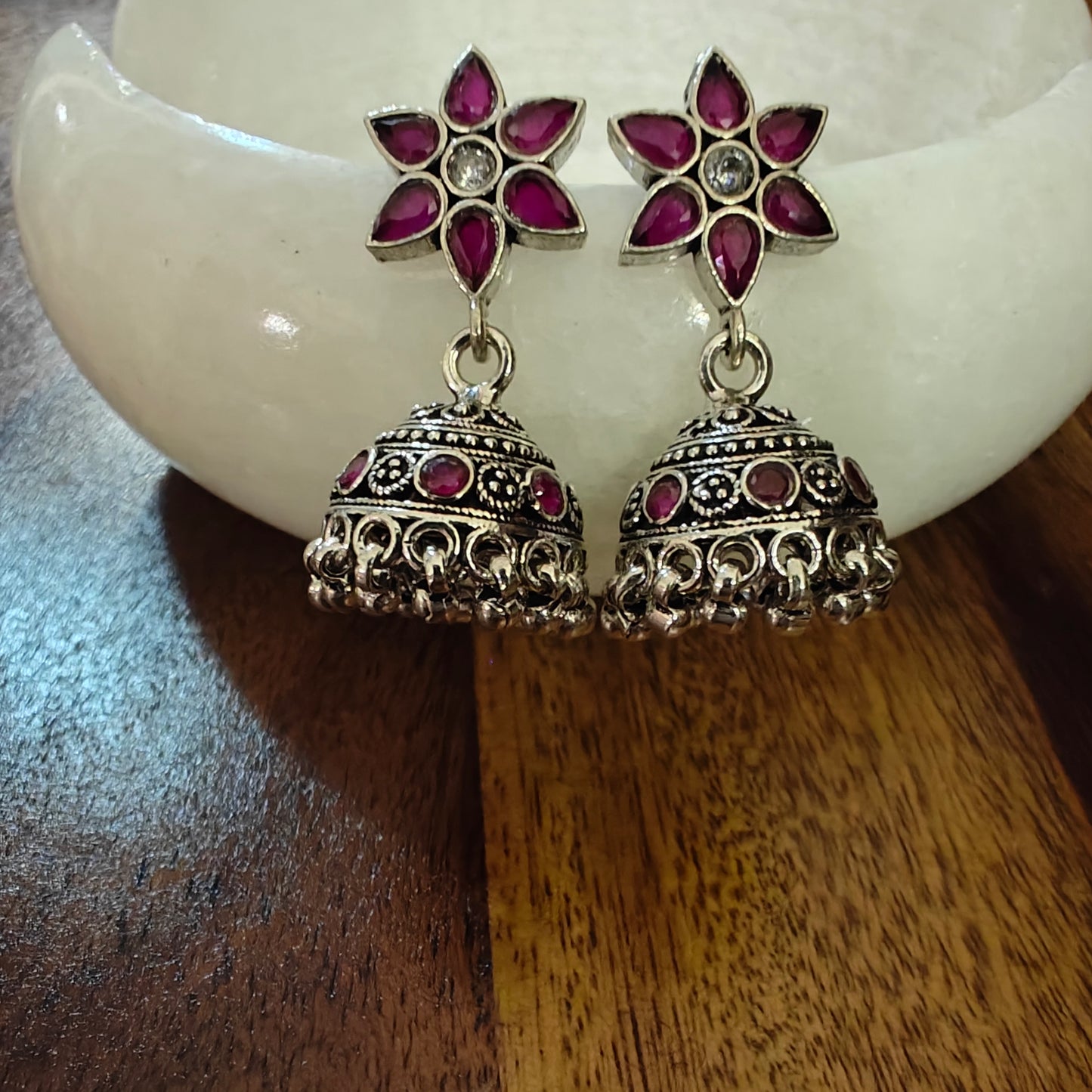 Sterling silver jhumkis on red flower stud