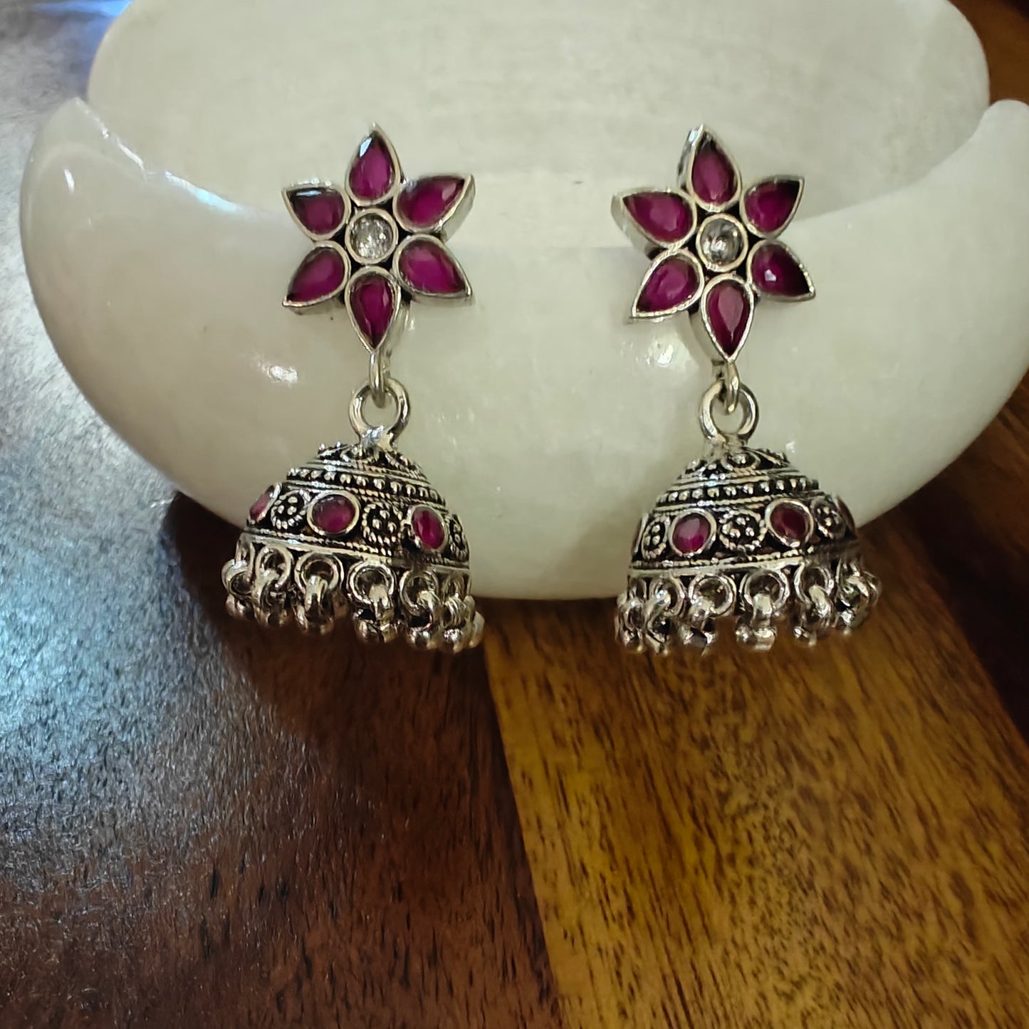 Sterling silver jhumkis on red flower stud